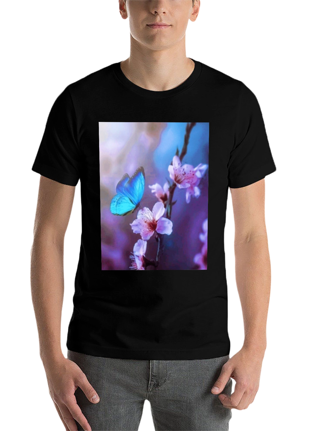 Black Butterfly Floral Print Black T-Shirt view 7