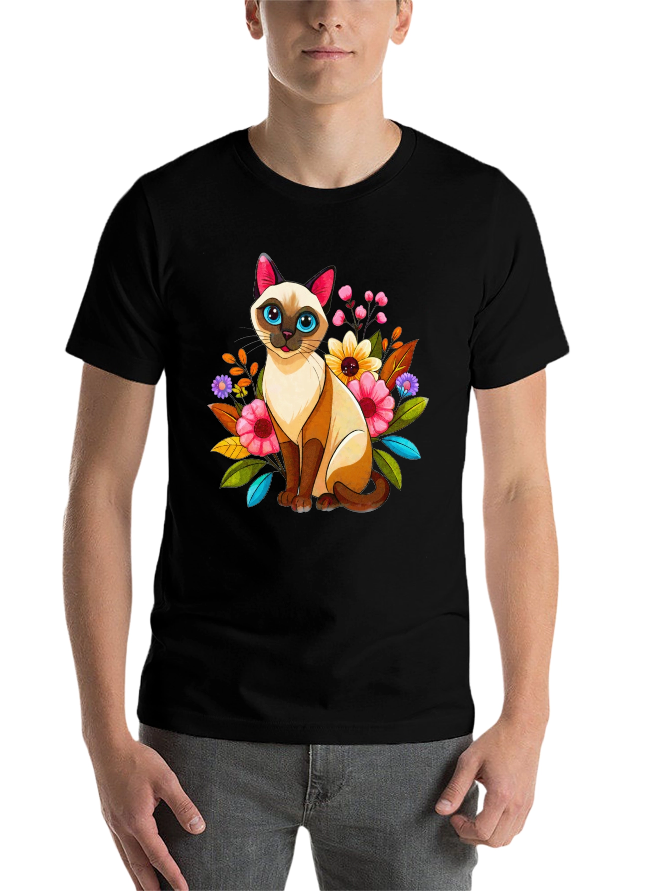 Black Floral Cat Graphic Tee - Unique Design view 7