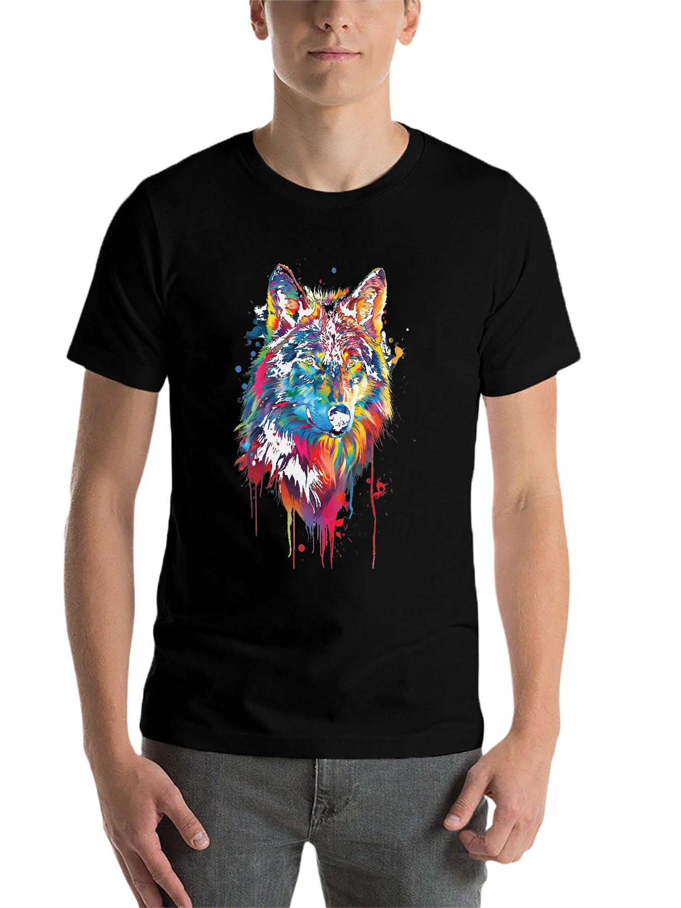 Black Colorful Wolf Graphic Tee - Black Cotton Blend view 7