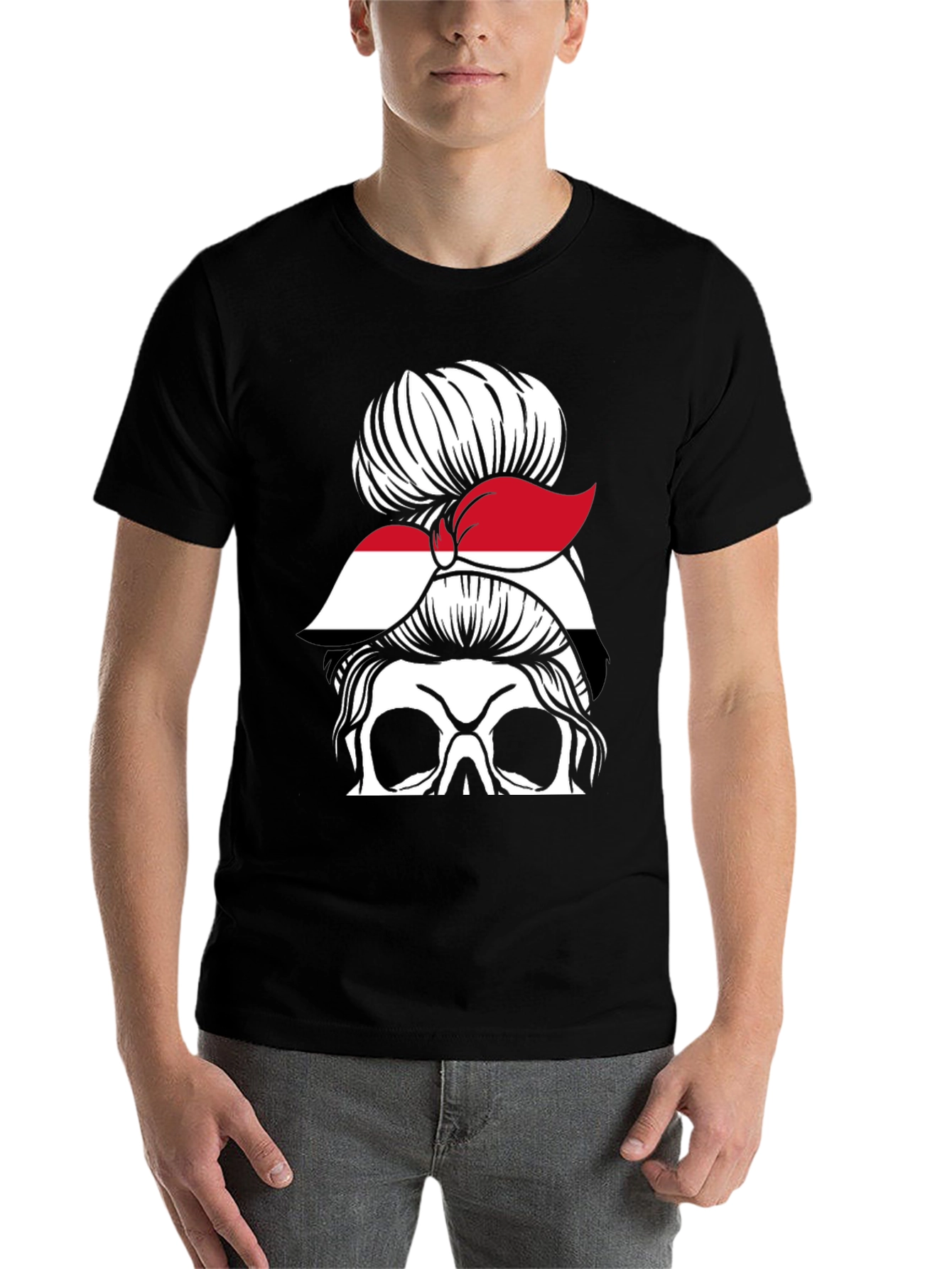 Messy Bun Yemen Flag Skull T-Shirt - 7