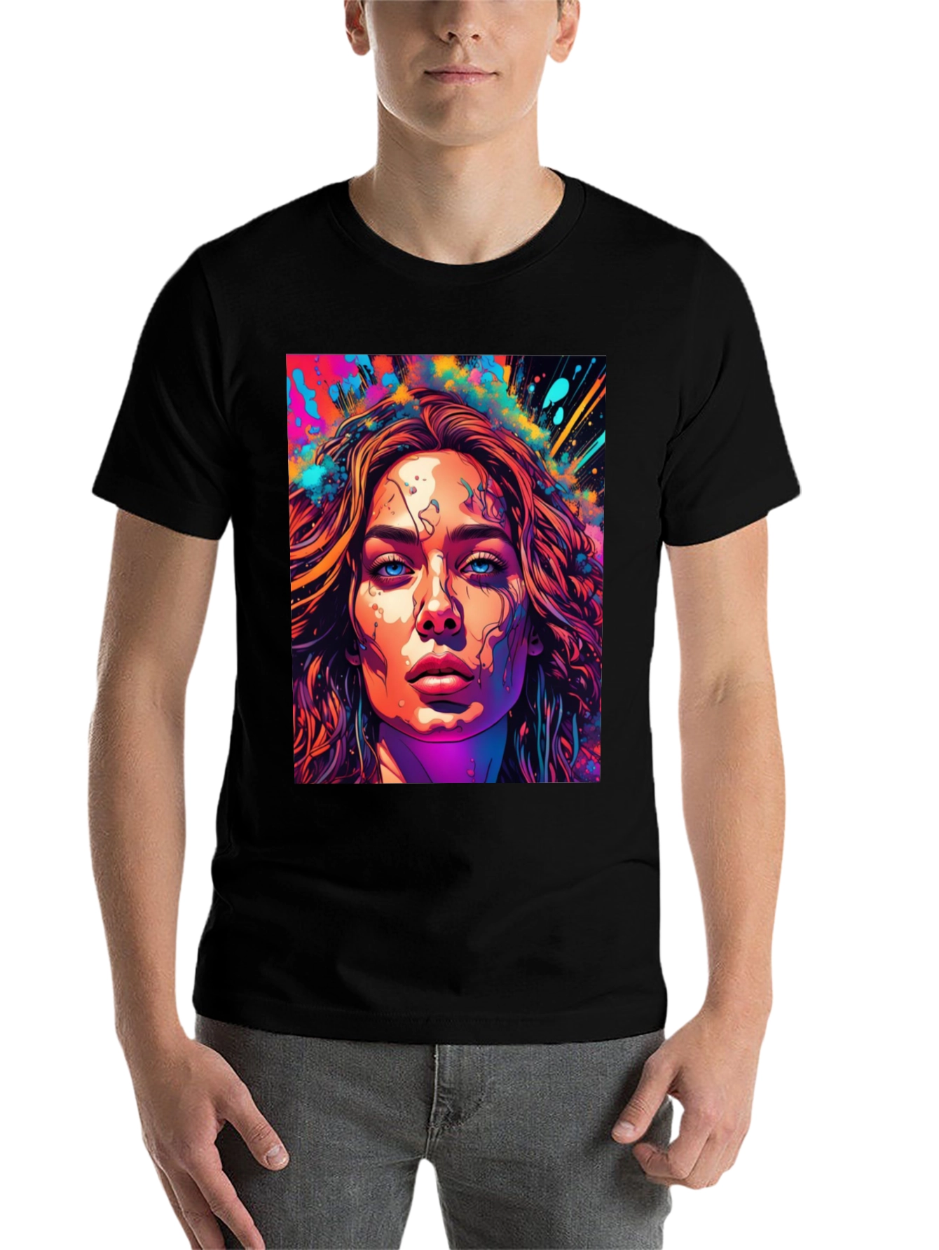 Black Artistic Women's Face Graphic T-Shirt view 7
