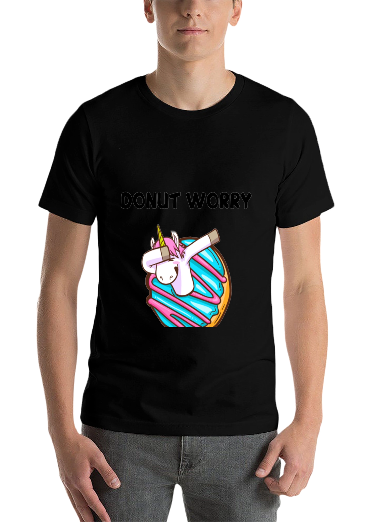 Black Donut Worry Unicorn Dab Graphic T-Shirt view 7