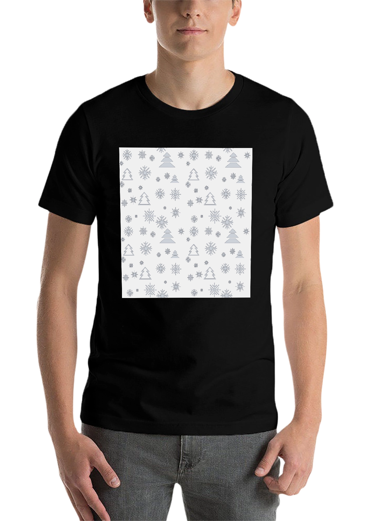Black Festive Trees & Snowflakes Black T-Shirt view 7