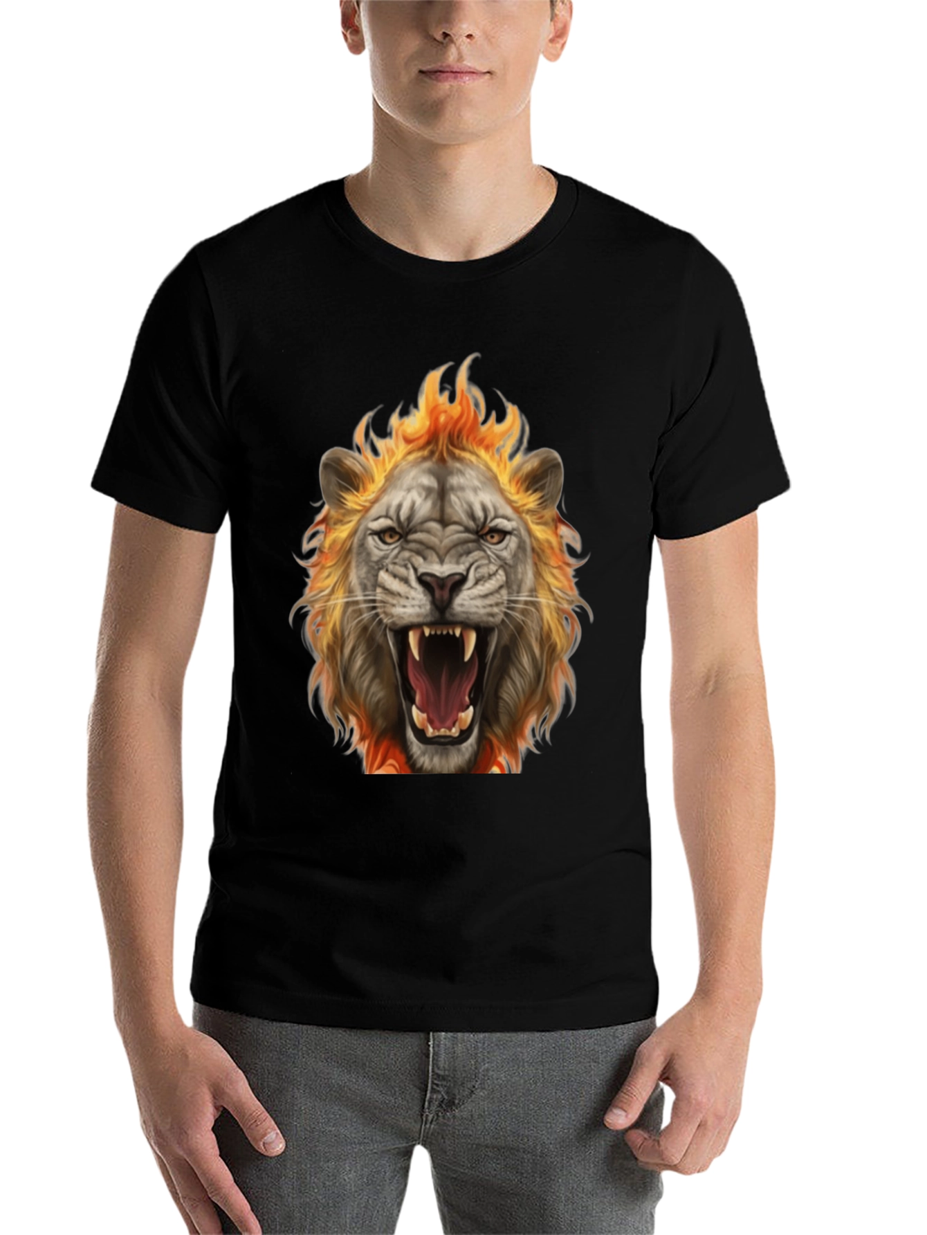 Black Fiery Lion Graphic Tee - Bold Animal Print T-Shirt view 7