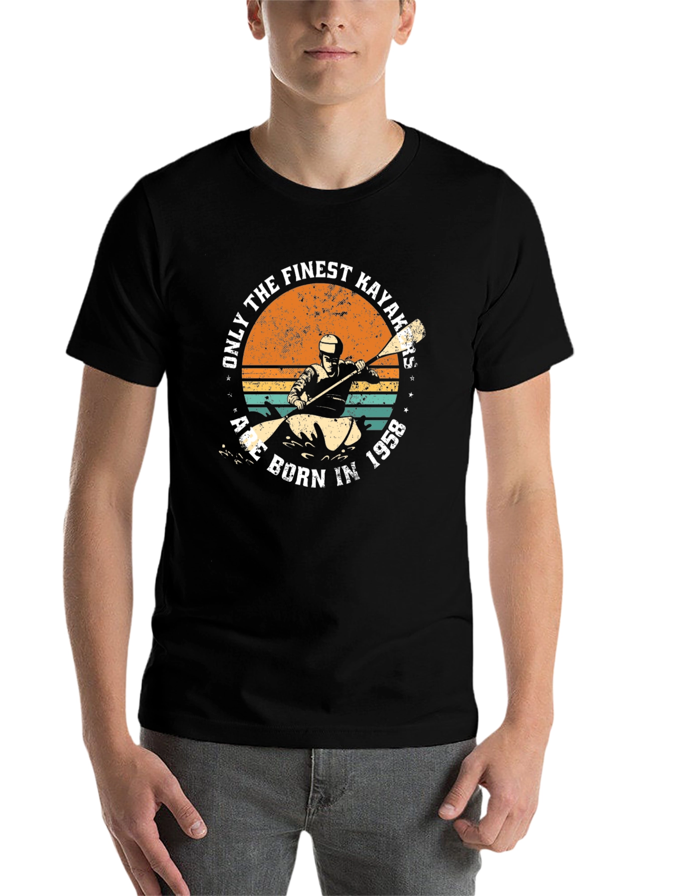 Black Finest Kayakers Born in 1958 Retro T-Shirt view 7