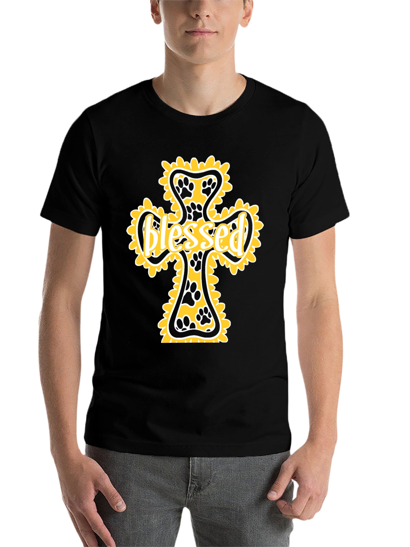 Black Blessed Paw Print Cross Graphic Tee view 7