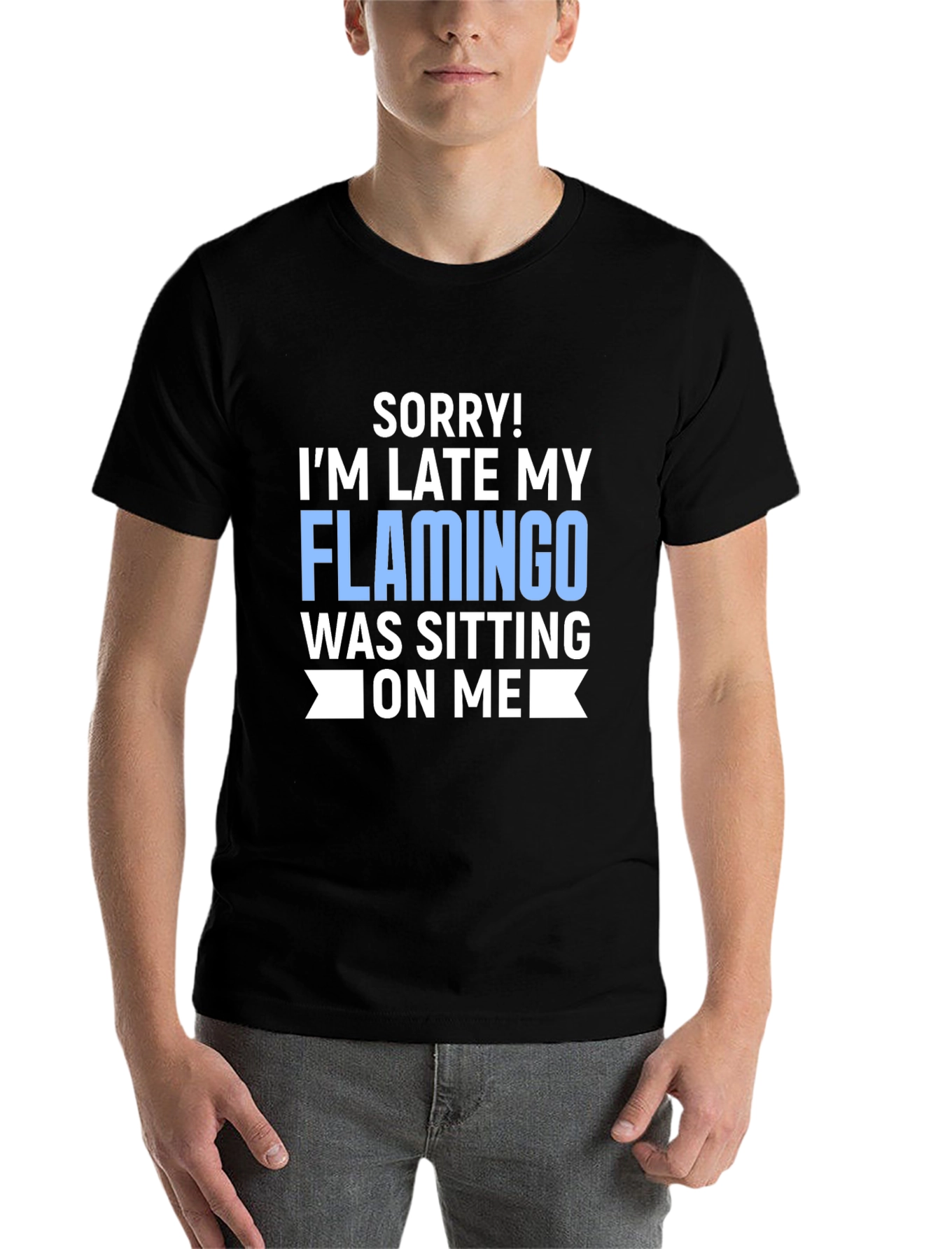 Black Funny Flamingo T-Shirt - 'Sorry I'm Late' Novelty Tee view 7