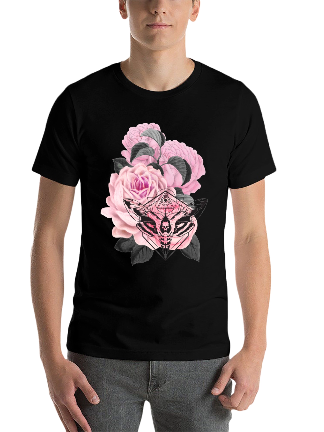 Black Gothic Floral Moth Black T-Shirt view 7