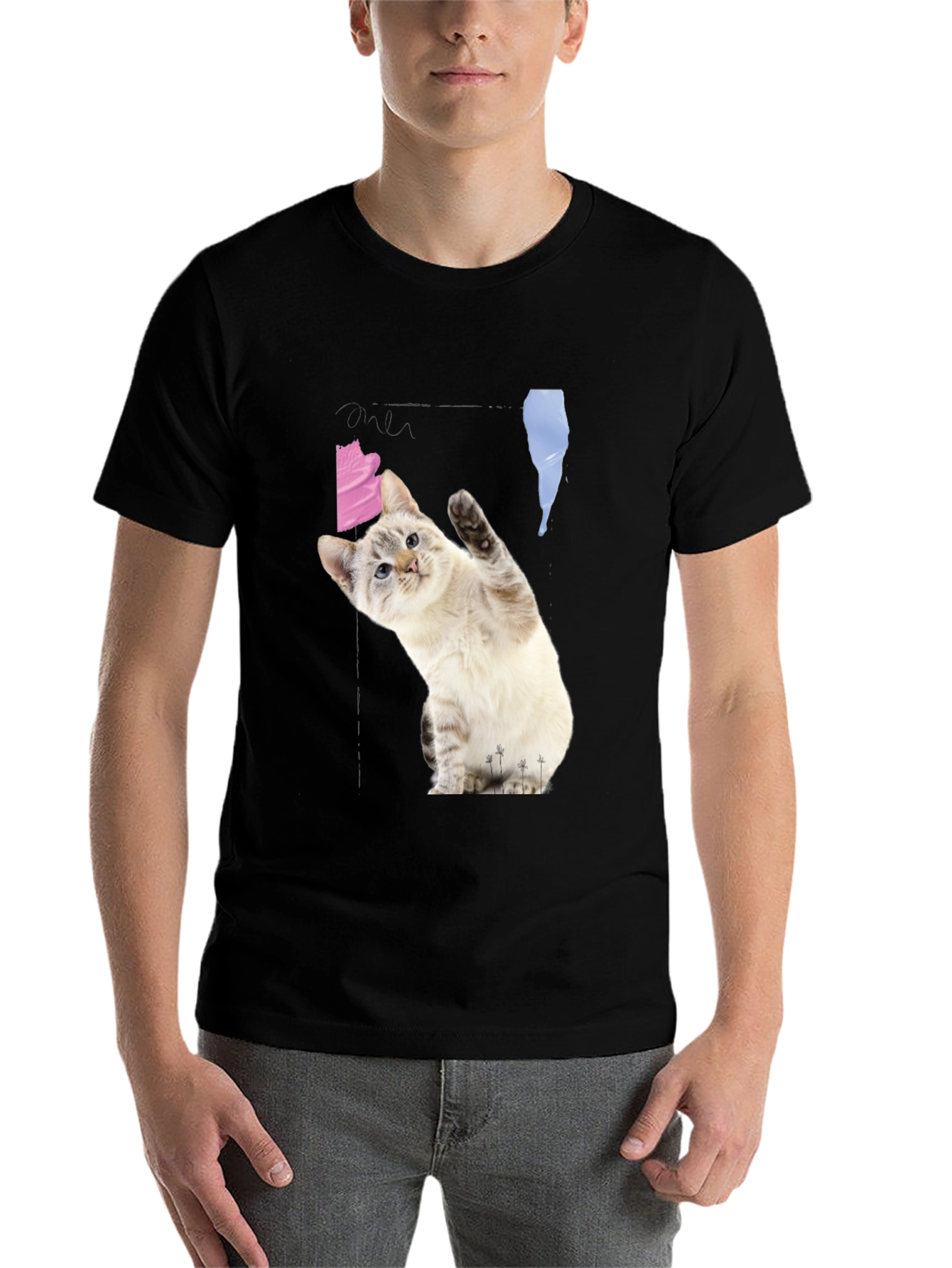 Black Cute Cat Waving Black T-Shirt view 7
