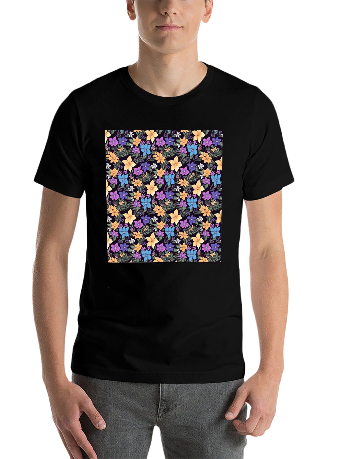 Black Floral Print Black Crew Neck T-Shirt view 7