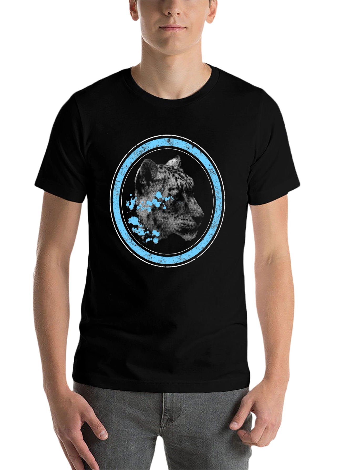 Black Leopard Graphic Tee - Distressed Blue Circle Design view 7