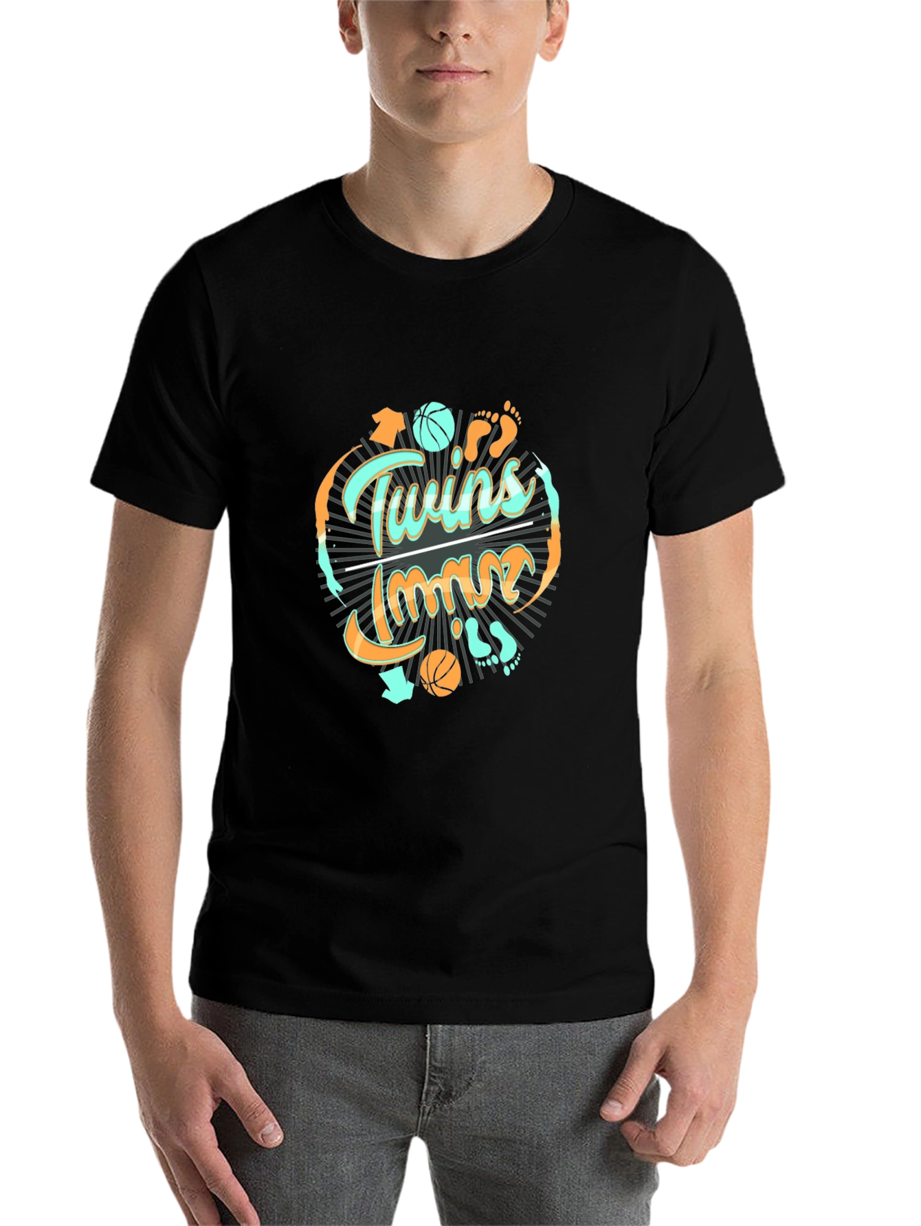 Black Twins T-Shirt: Basketball & Footprints Design view 7