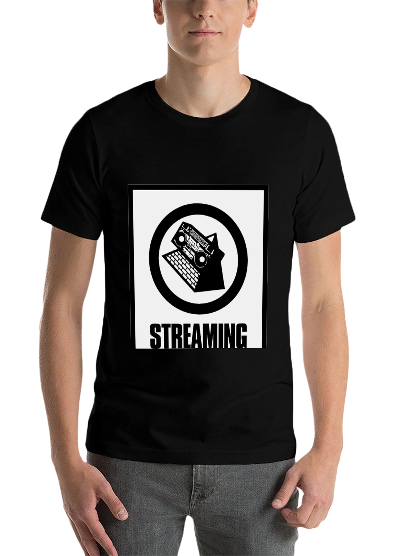 Black Streaming T-Shirt: Boombox & Laptop Design view 7