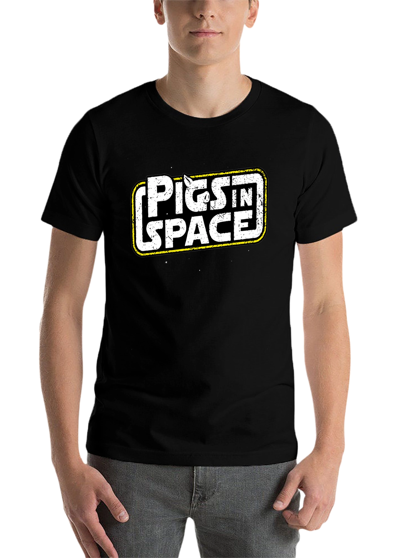 Black Pigs in Space Black Graphic Tee view 7
