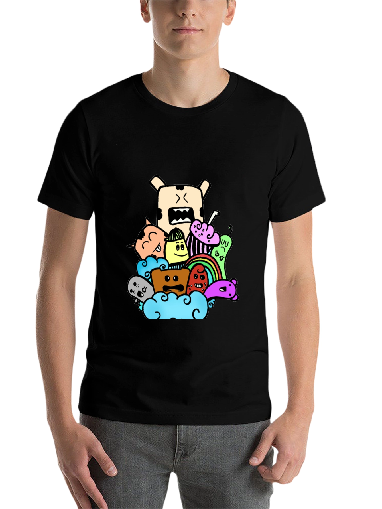 Black Doodle Cartoon Graphic Print Black T-Shirt view 7