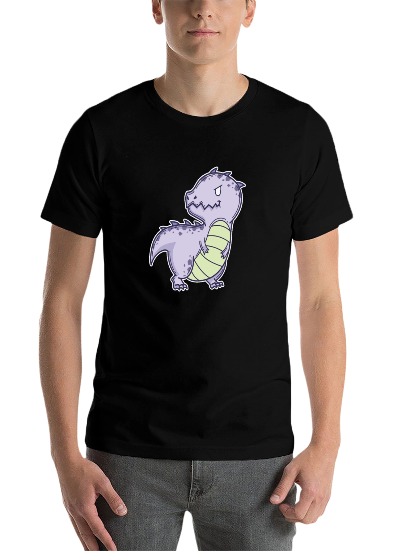 Black Cartoon Dinosaur Graphic Tee - Black Cotton Comfort view 7