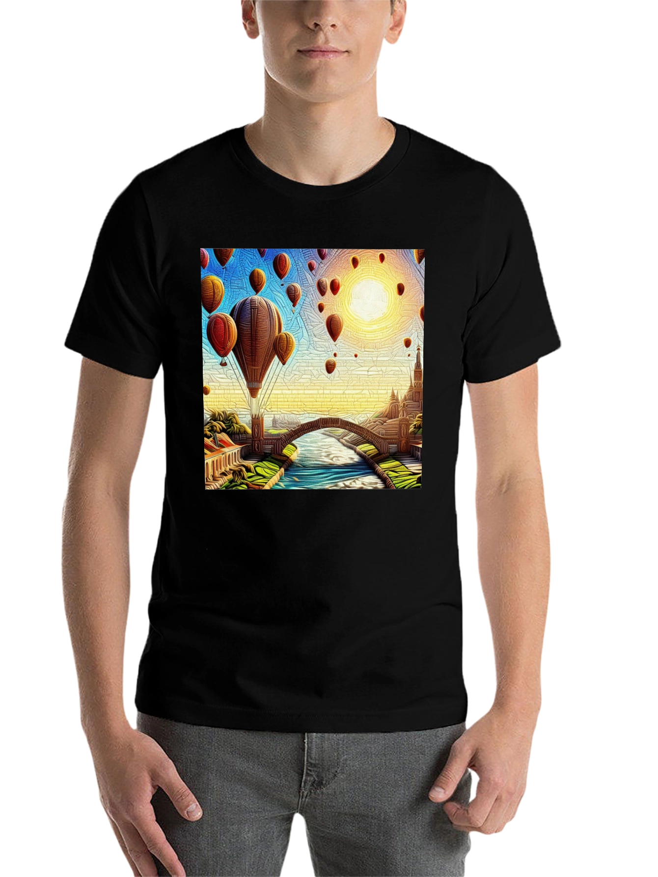 Black Hot Air Balloon Landscape Graphic Tee view 7