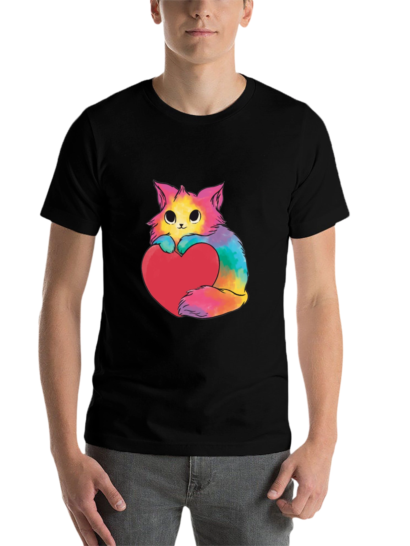Black Rainbow Cat Heart Graphic Tee - Unisex view 7