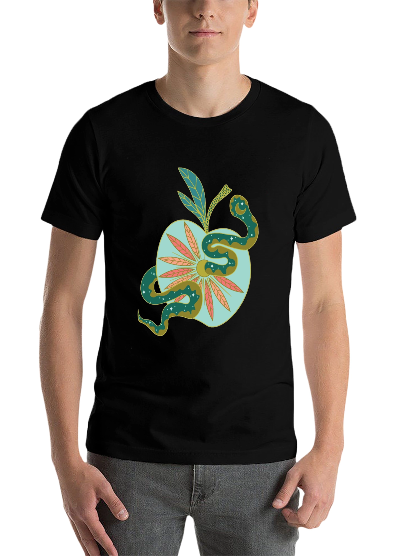 Black Serpent Apple Graphic Tee - Unique Design, Stylish Black T-Shirt view 7