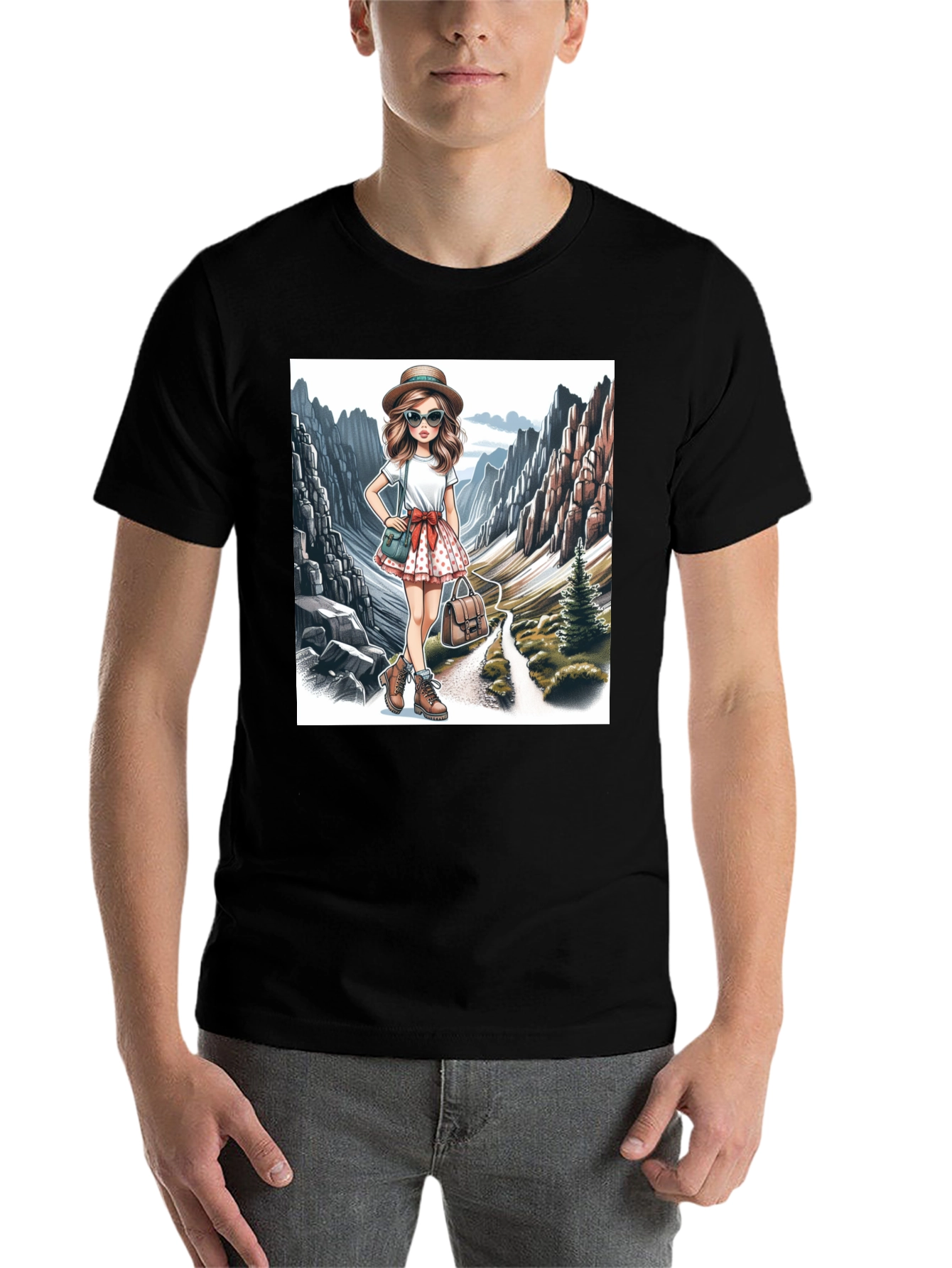 Black Stylish Hiking Girl Graphic T-Shirt view 7