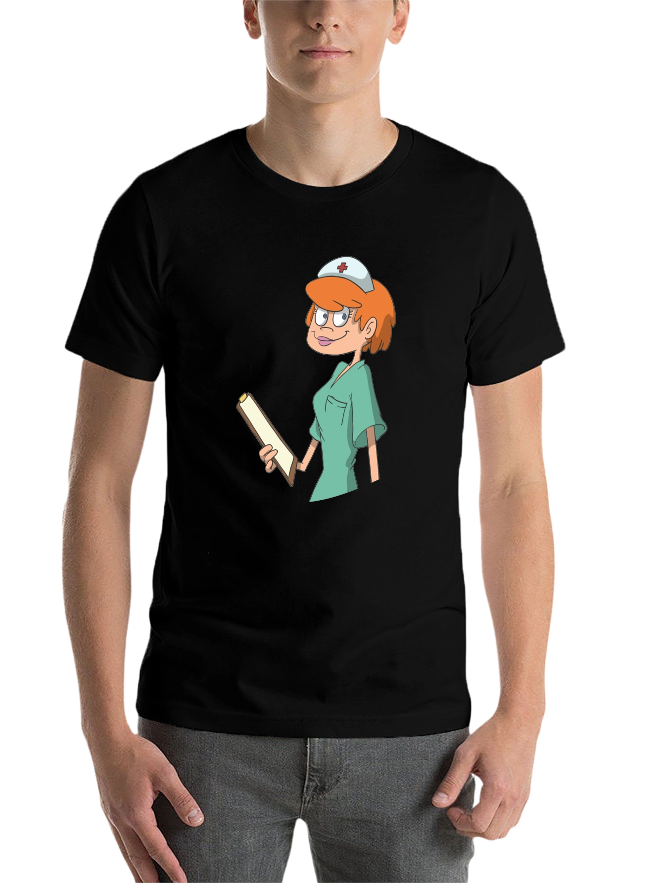 Black Cartoon Nurse Graphic Tee - Unisex Cotton T-Shirt view 7