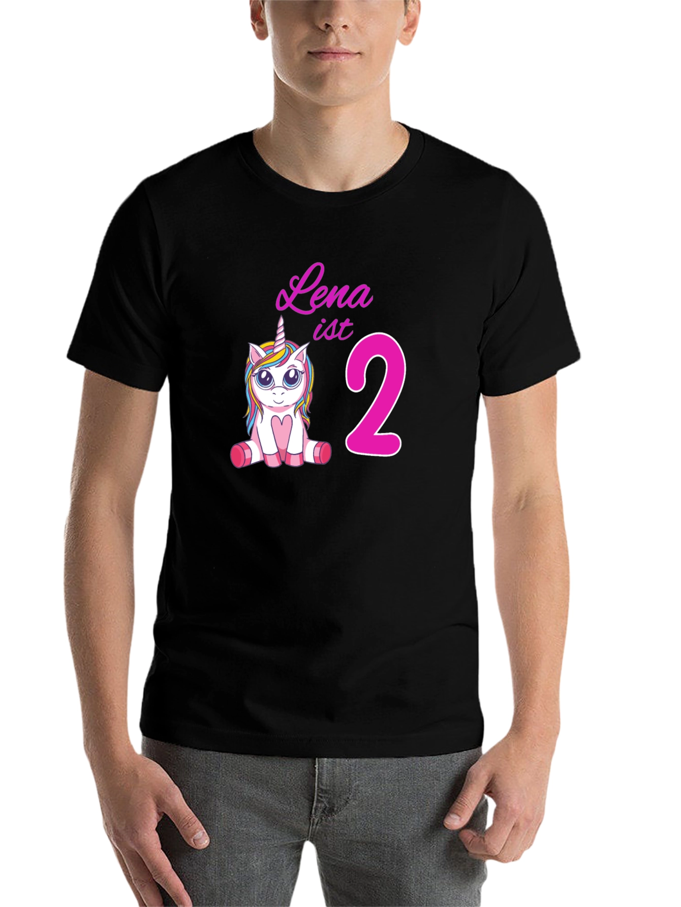 Black Cute 'Lena is 2' Unicorn Birthday Black T-Shirt view 7