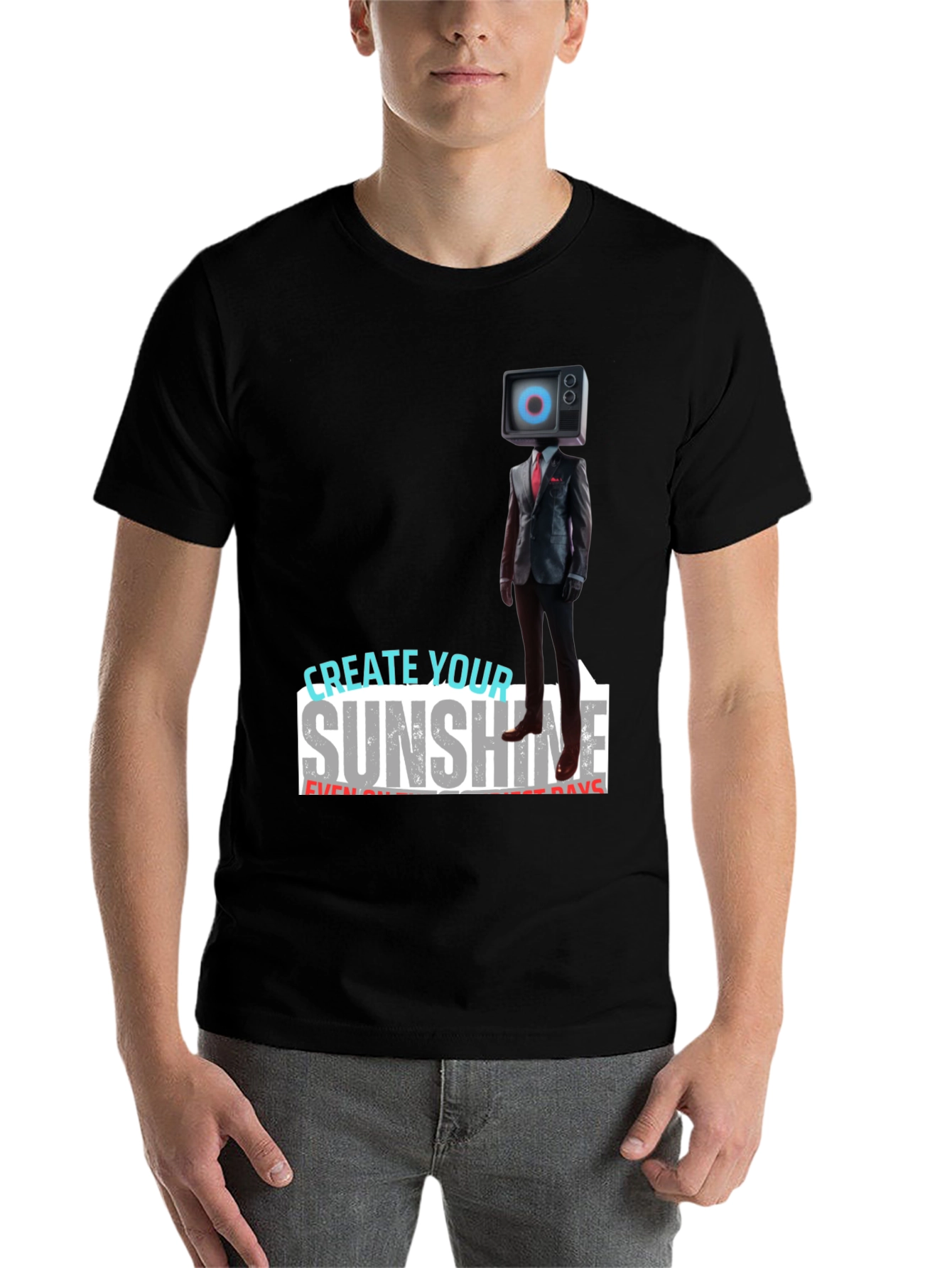 Black Modern TV Head Suit T-Shirt: Create Your Sunshine view 7