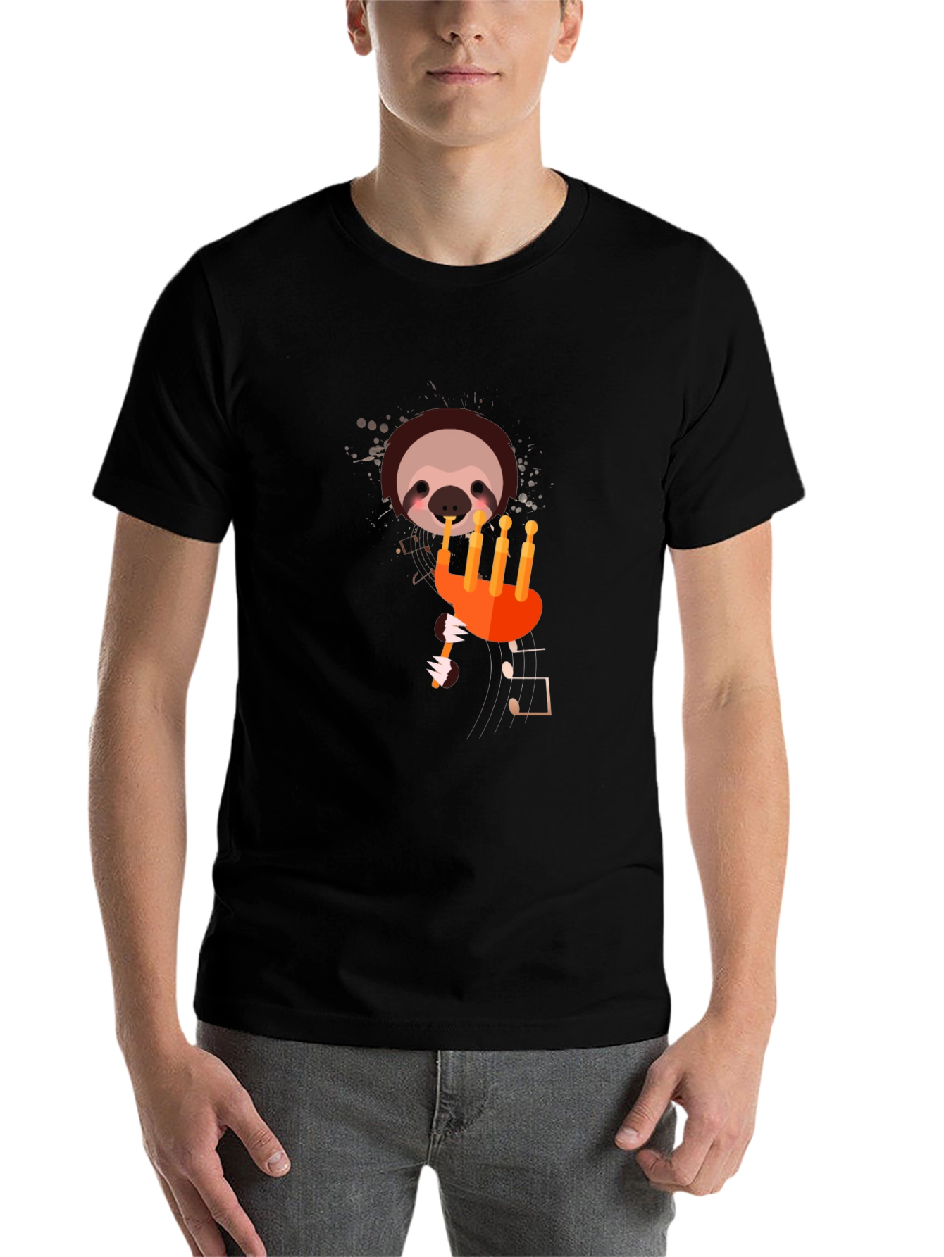Black Sloth Piper Men's Black T-Shirt - Musical Design view 7
