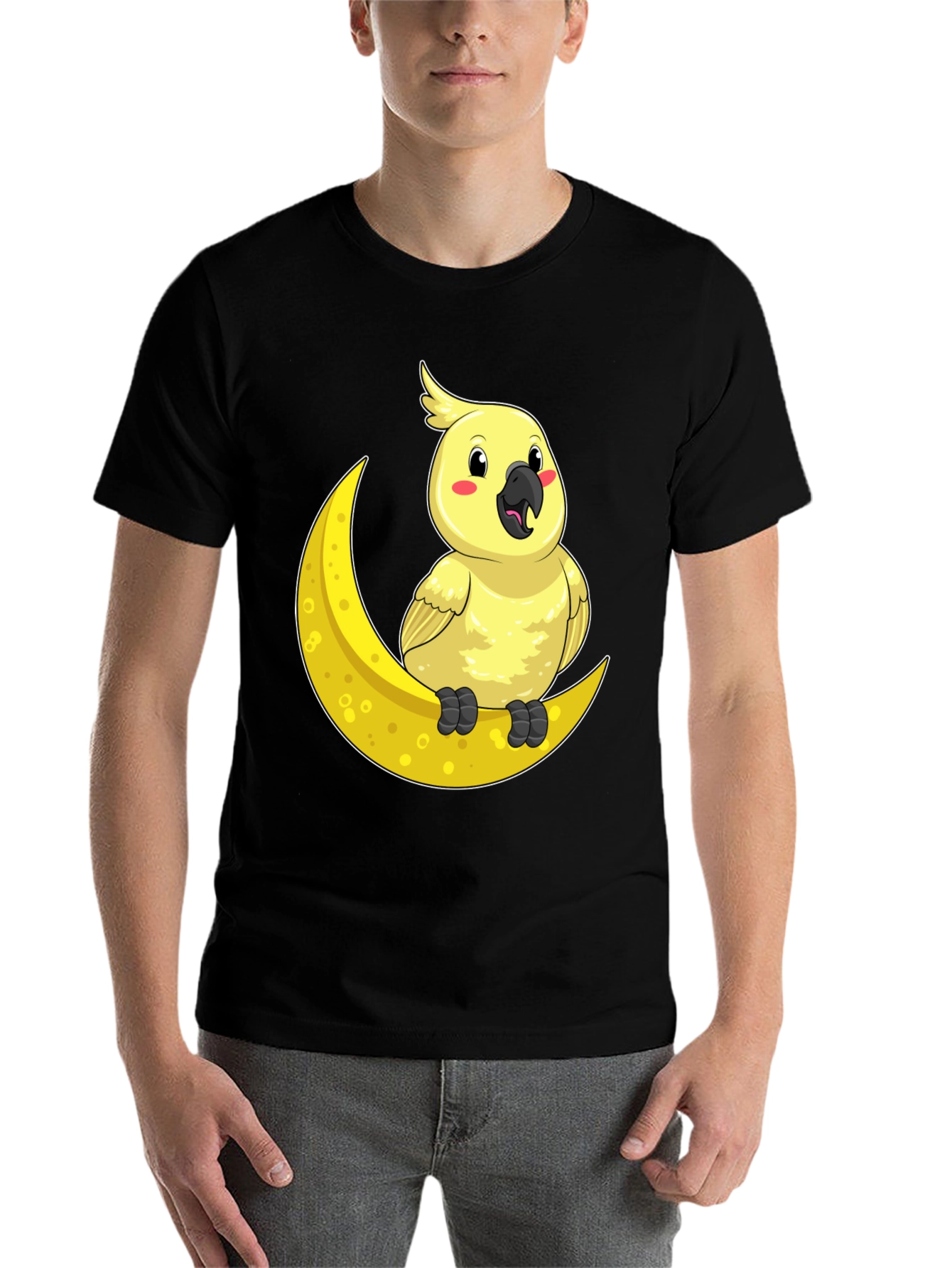 Black Cute Cockatiel On Moon T-Shirt - Soft Cotton, Unique Design view 7
