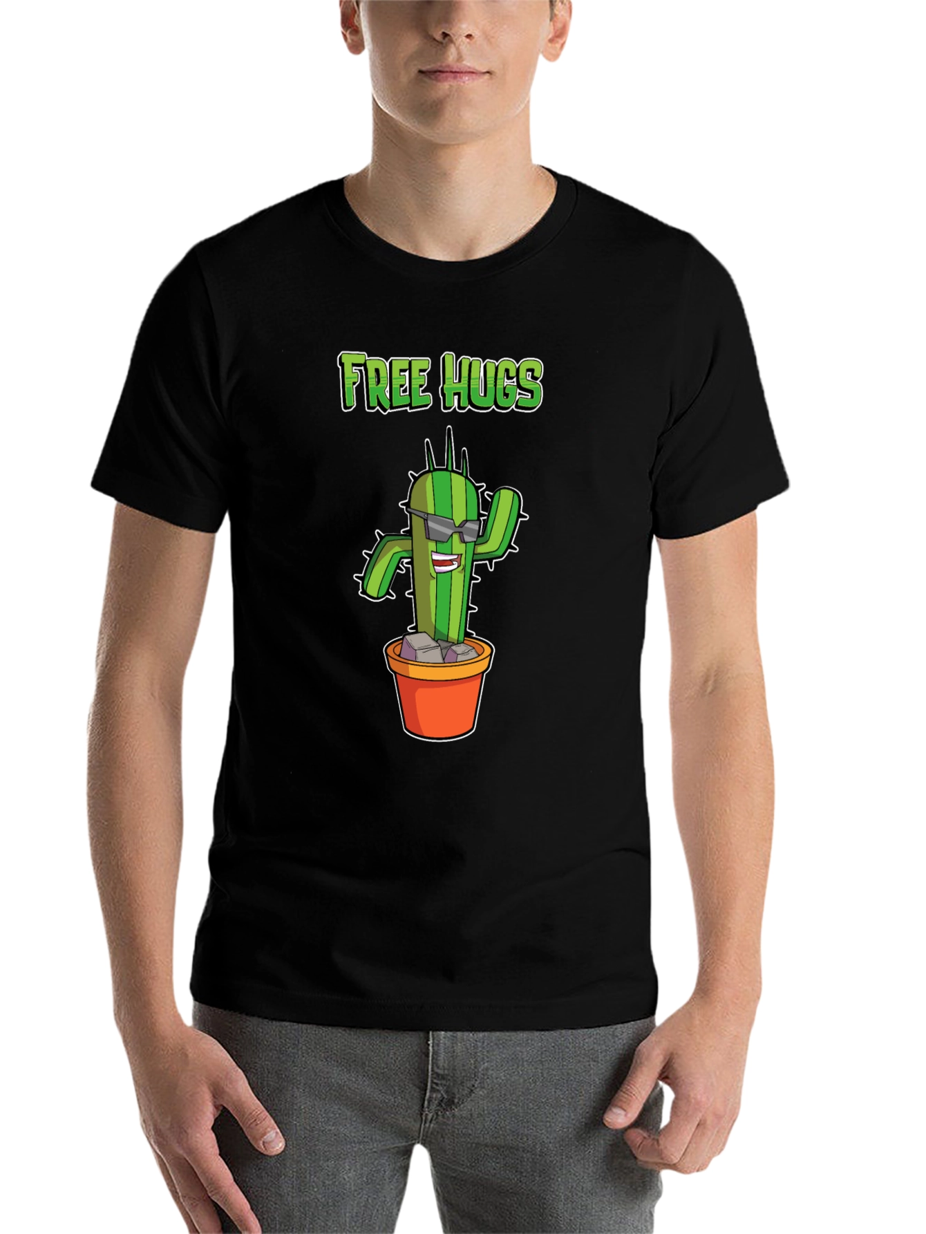 Black Funny Cactus Free Hugs Graphic T-Shirt view 7