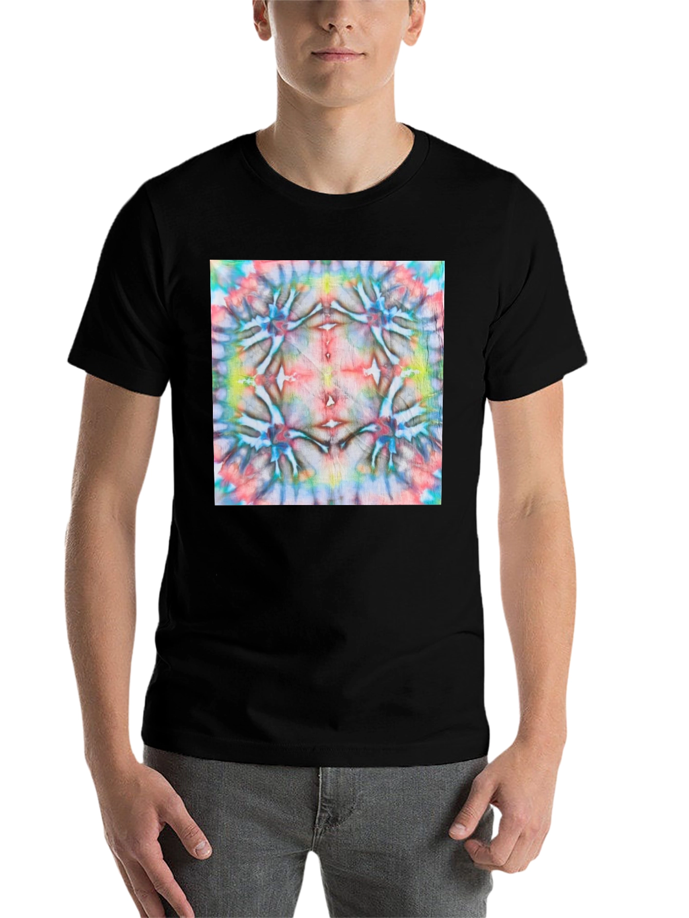 Black Psychedelic Tie-Dye Pattern Black Cotton Tee view 7
