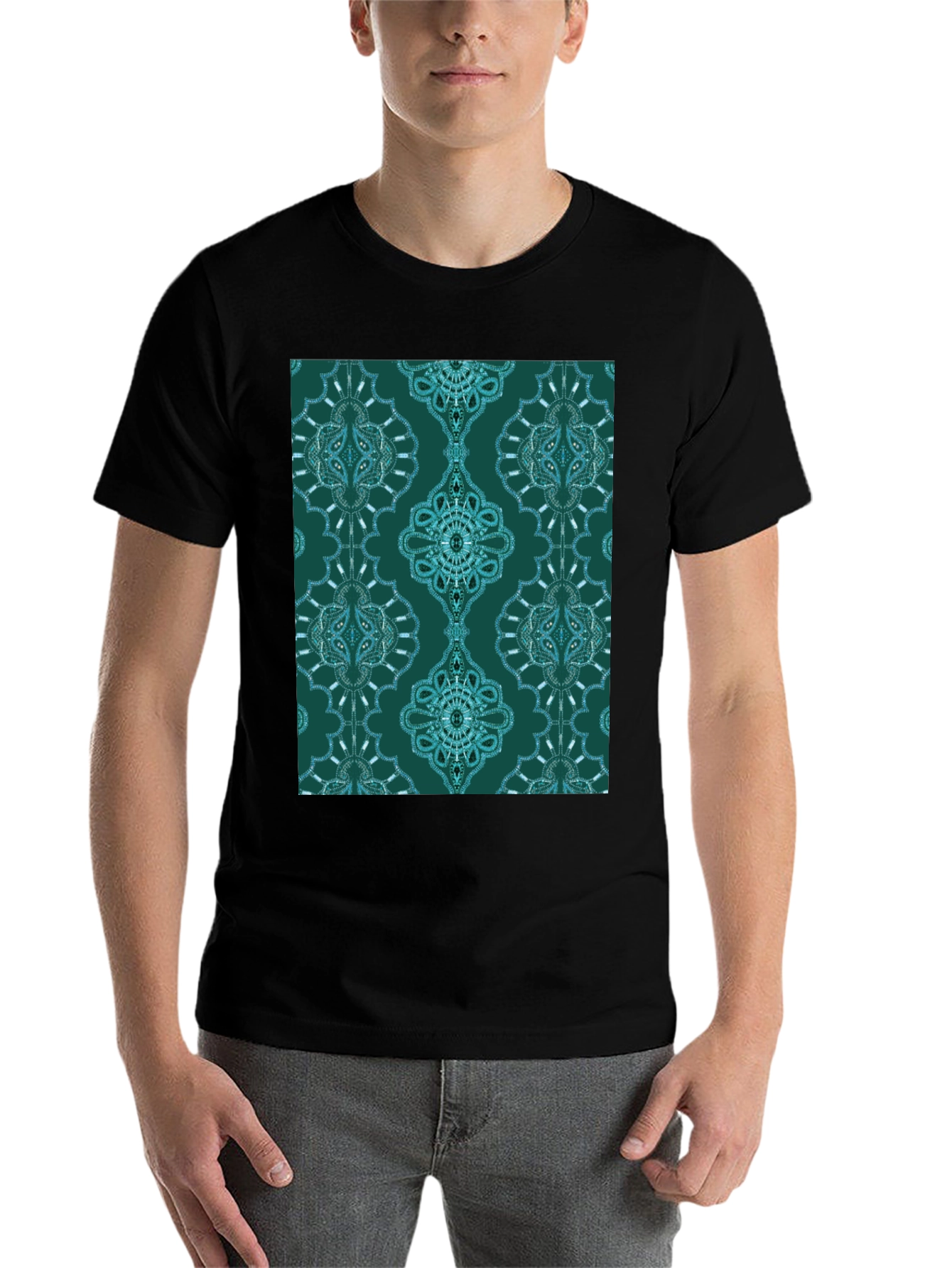 Black Stylish Patterned Teal T-Shirt view 7