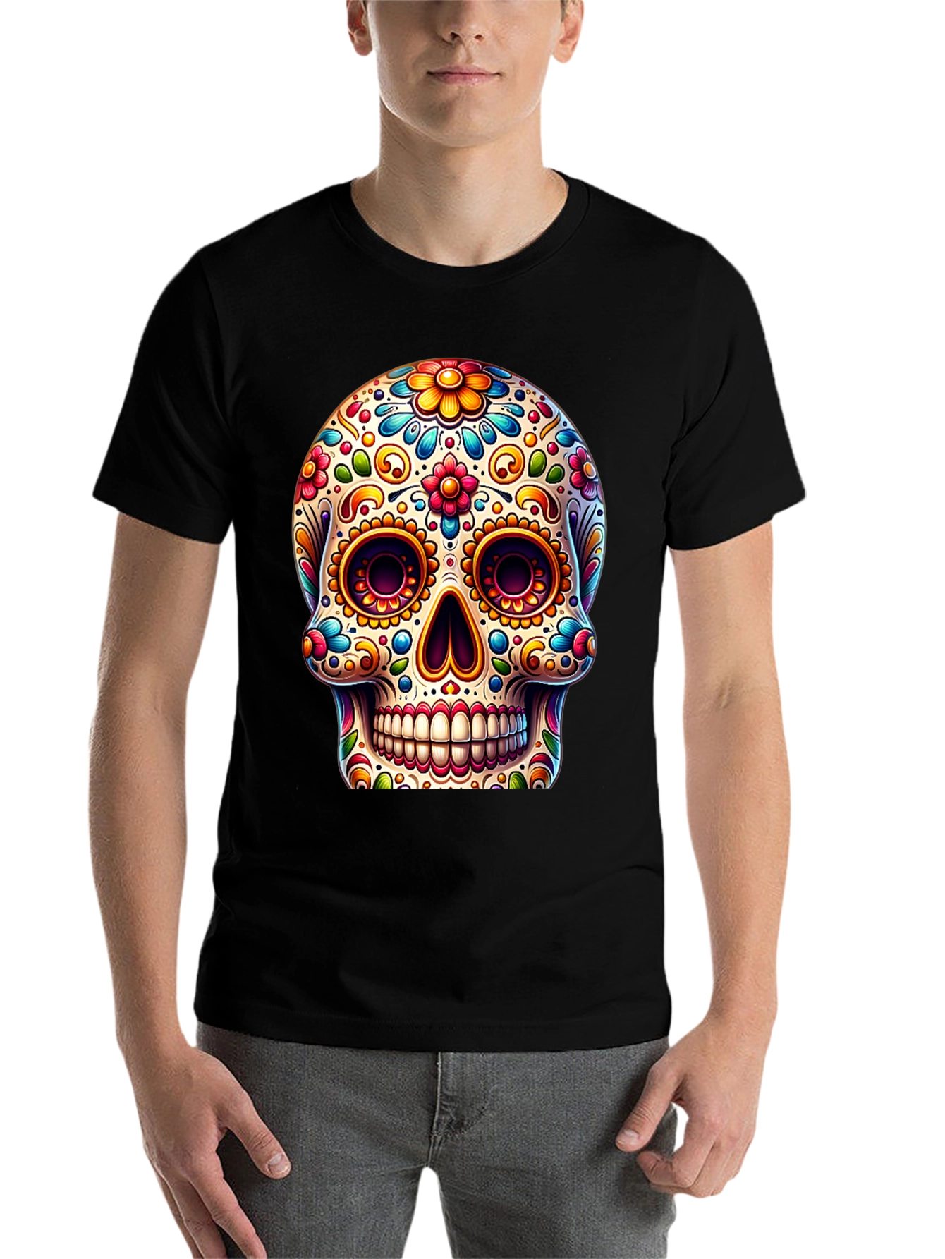 Black Sugar Skull T-Shirt: Colorful Day of the Dead Design view 7