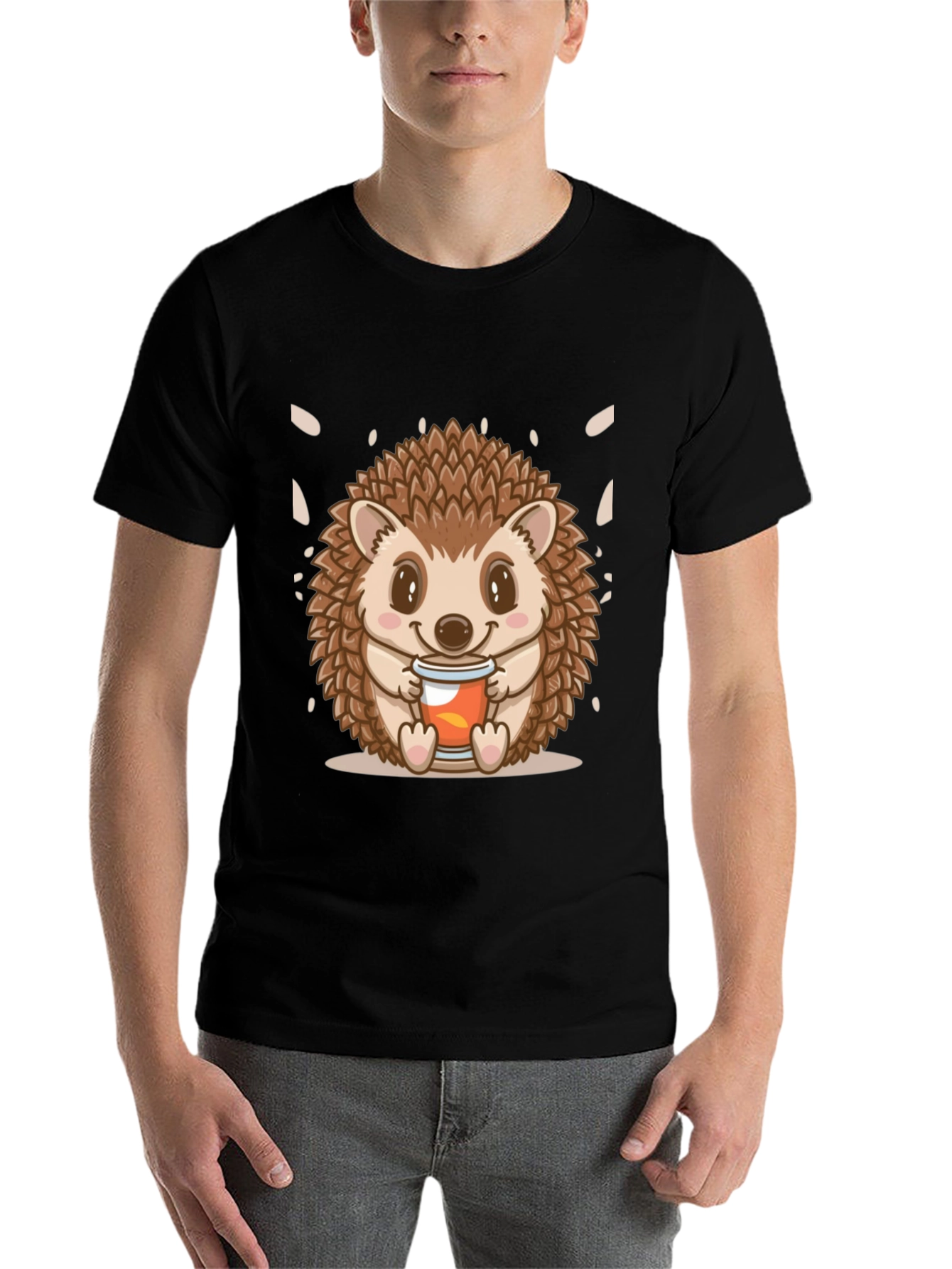 Black Cute Hedgehog Holding Drink Graphic Tee - Black view 7