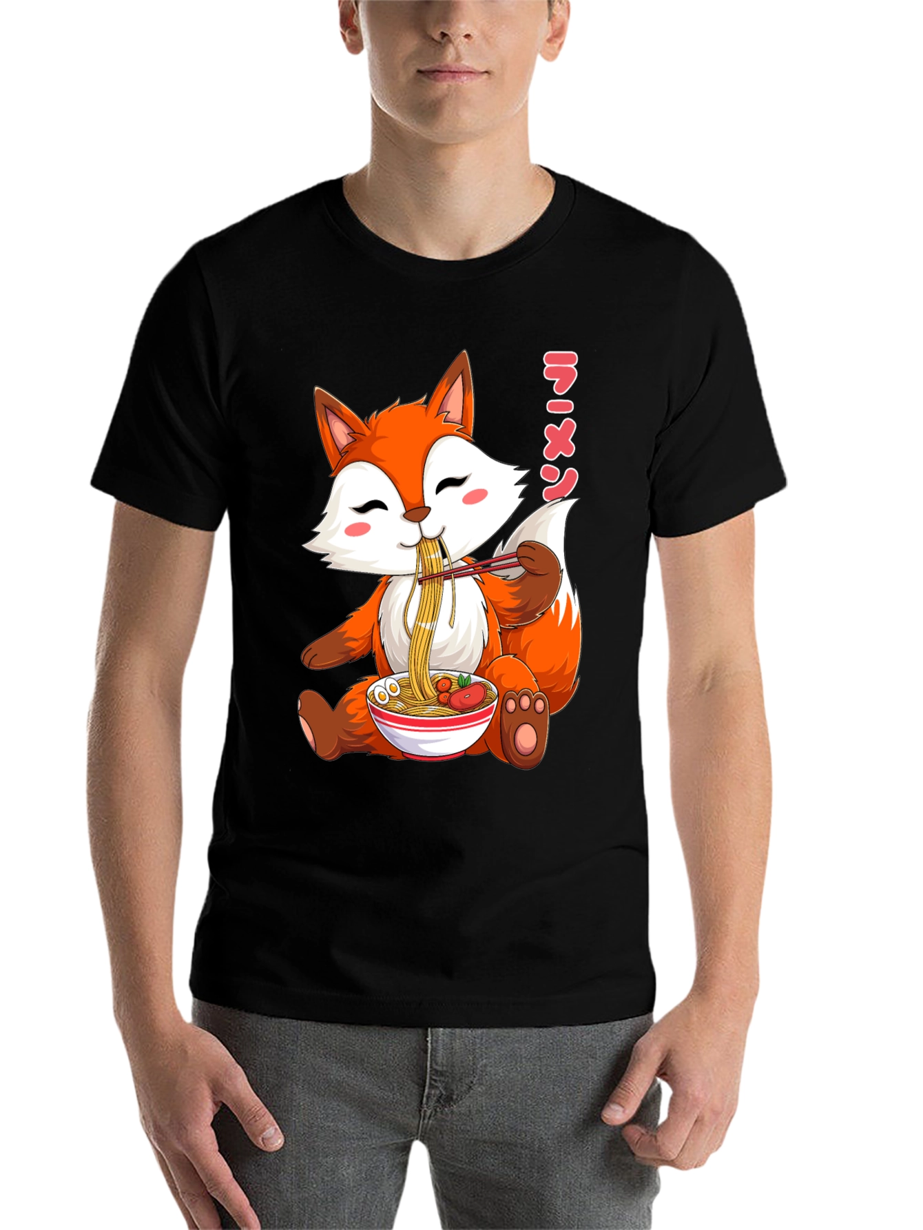 Black Cute Fox Ramen T-Shirt, Kawaii Anime Tee view 7