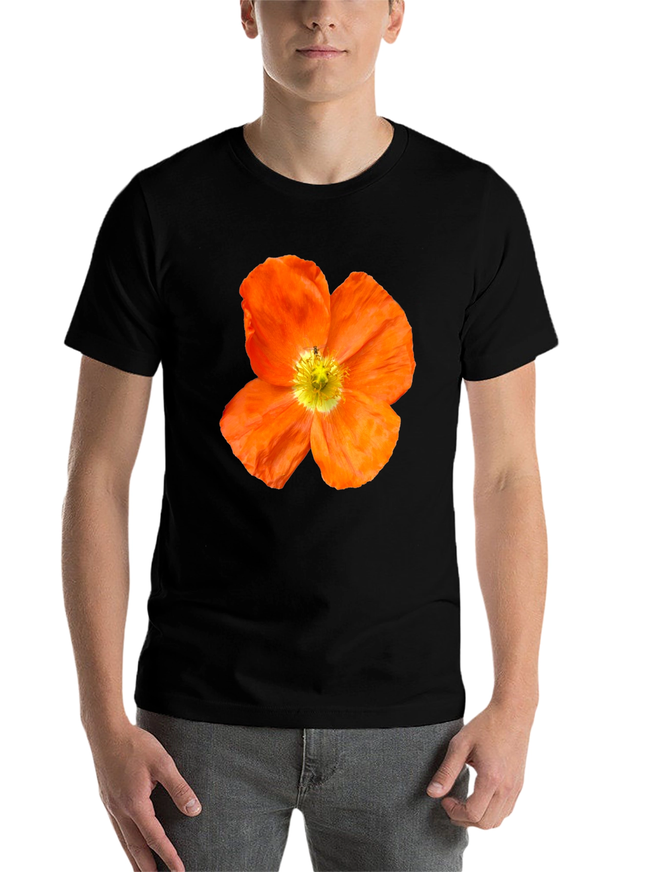 Black Floral Print T-Shirt - Bold Orange Poppy Design view 7