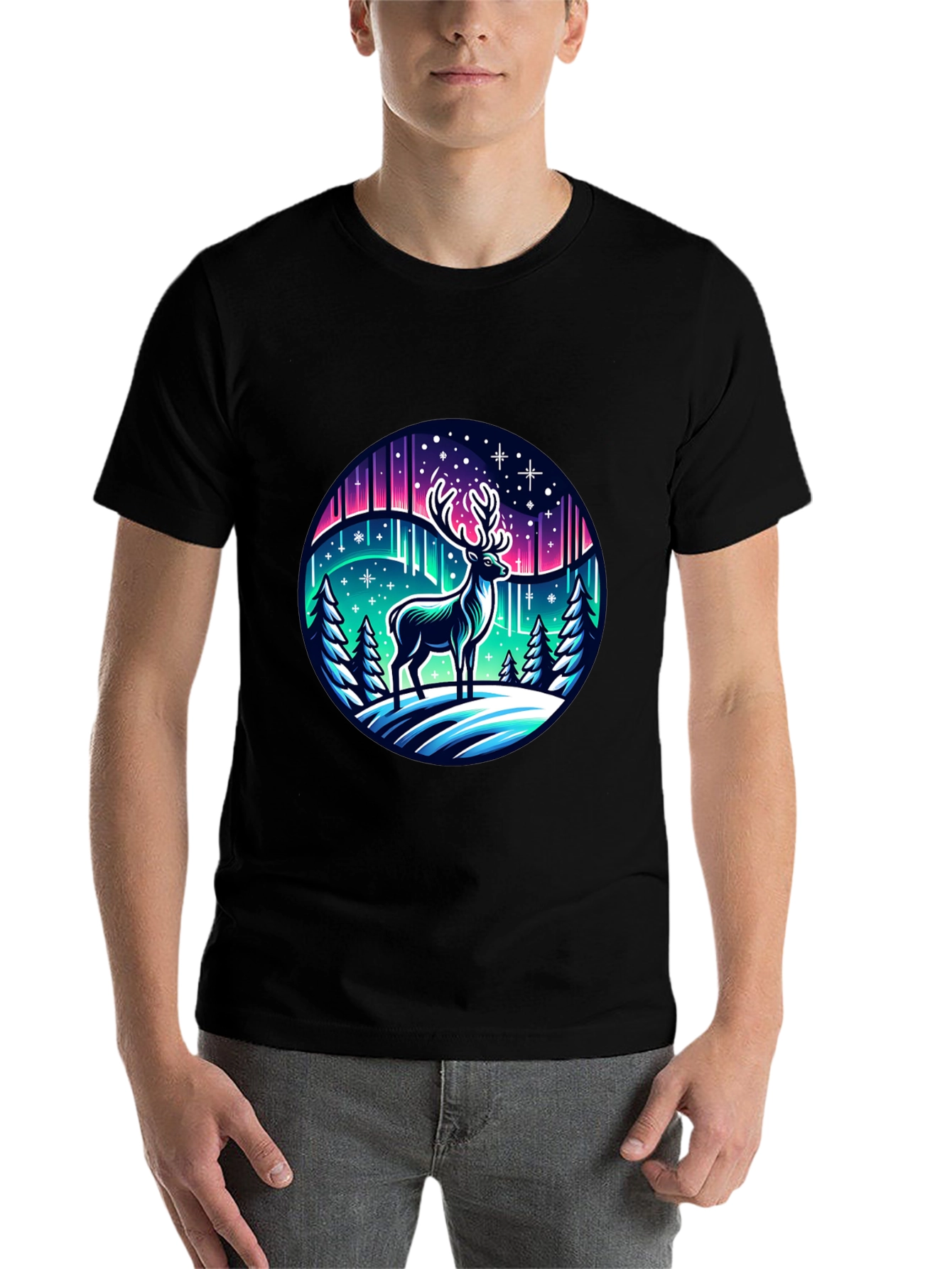 Black Winter Deer Graphic Tee - Northern Lights Design view 7
