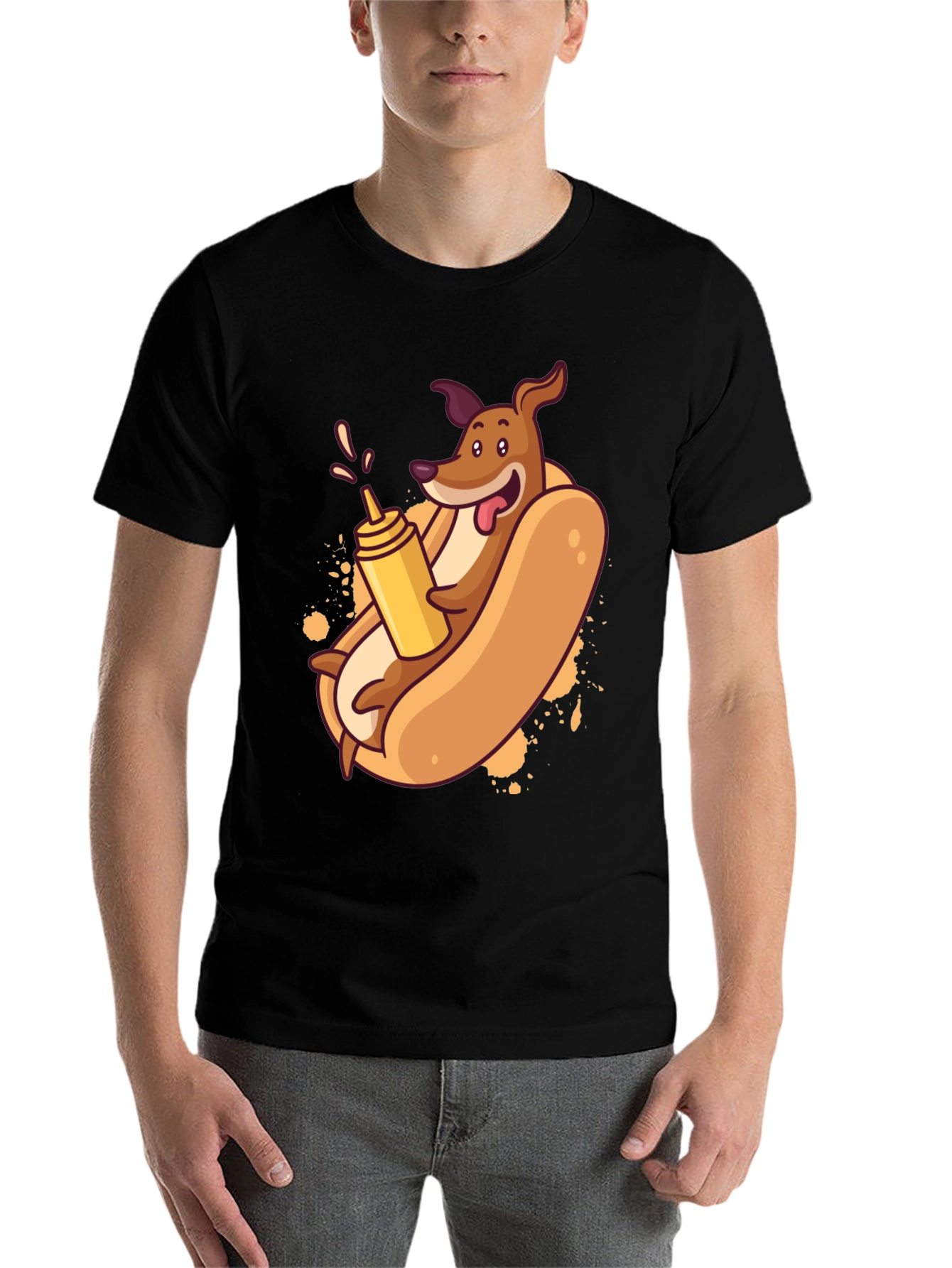 Black Funny Dachshund Hot Dog Cartoon T-Shirt view 7
