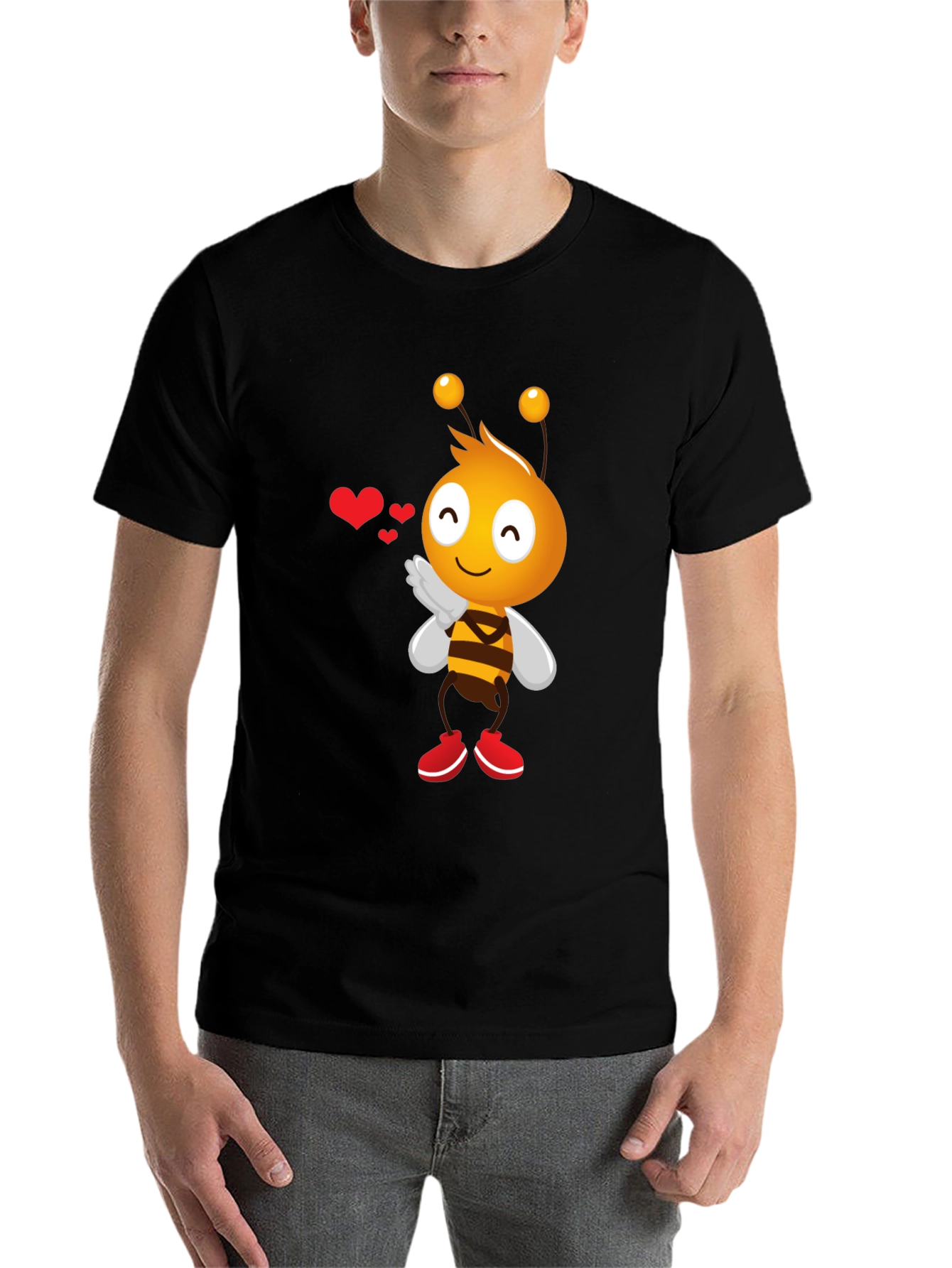 Black Cute Bee Cartoon Graphic T-Shirt view 7