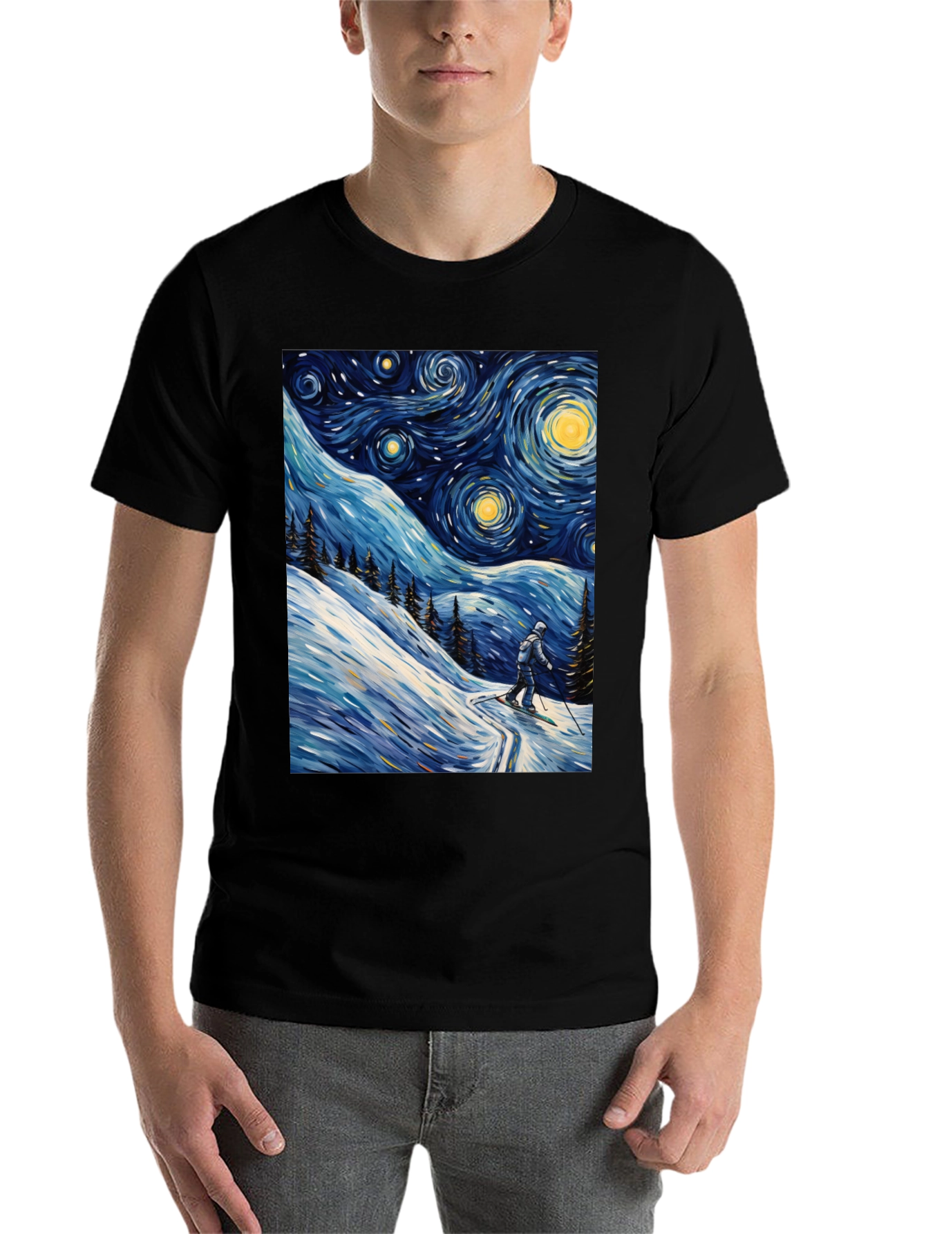 Black Starry Night Skiing Graphic Tee view 7