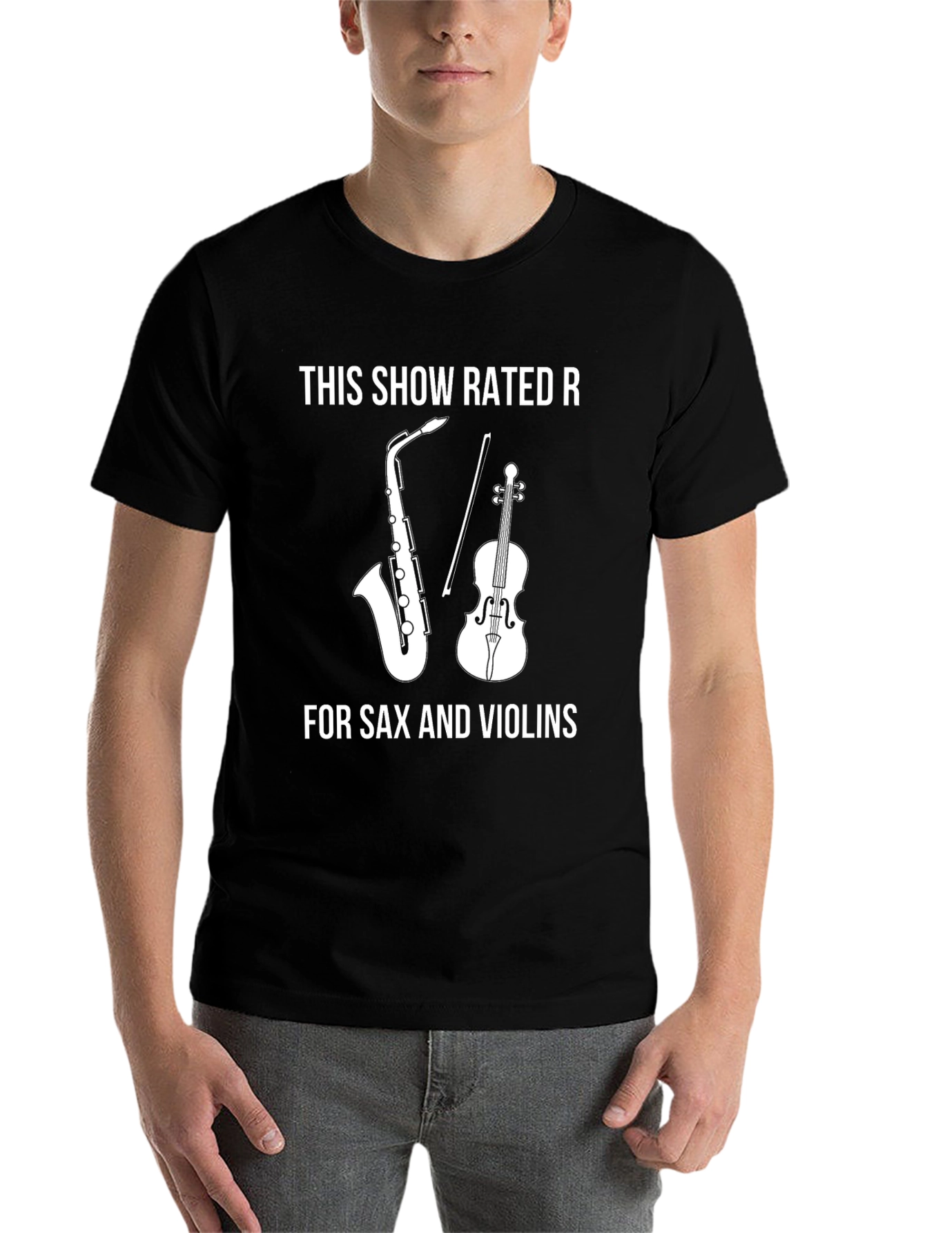 Black Rated R Sax & Violins T-Shirt view 7