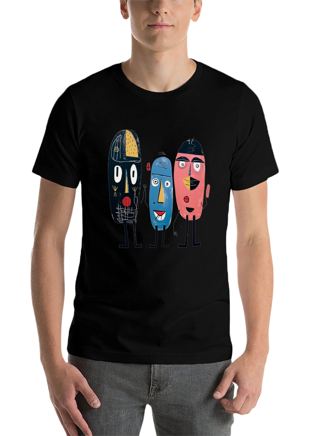 Black Abstract Faces Black Tee - Unique Graphic Print view 7