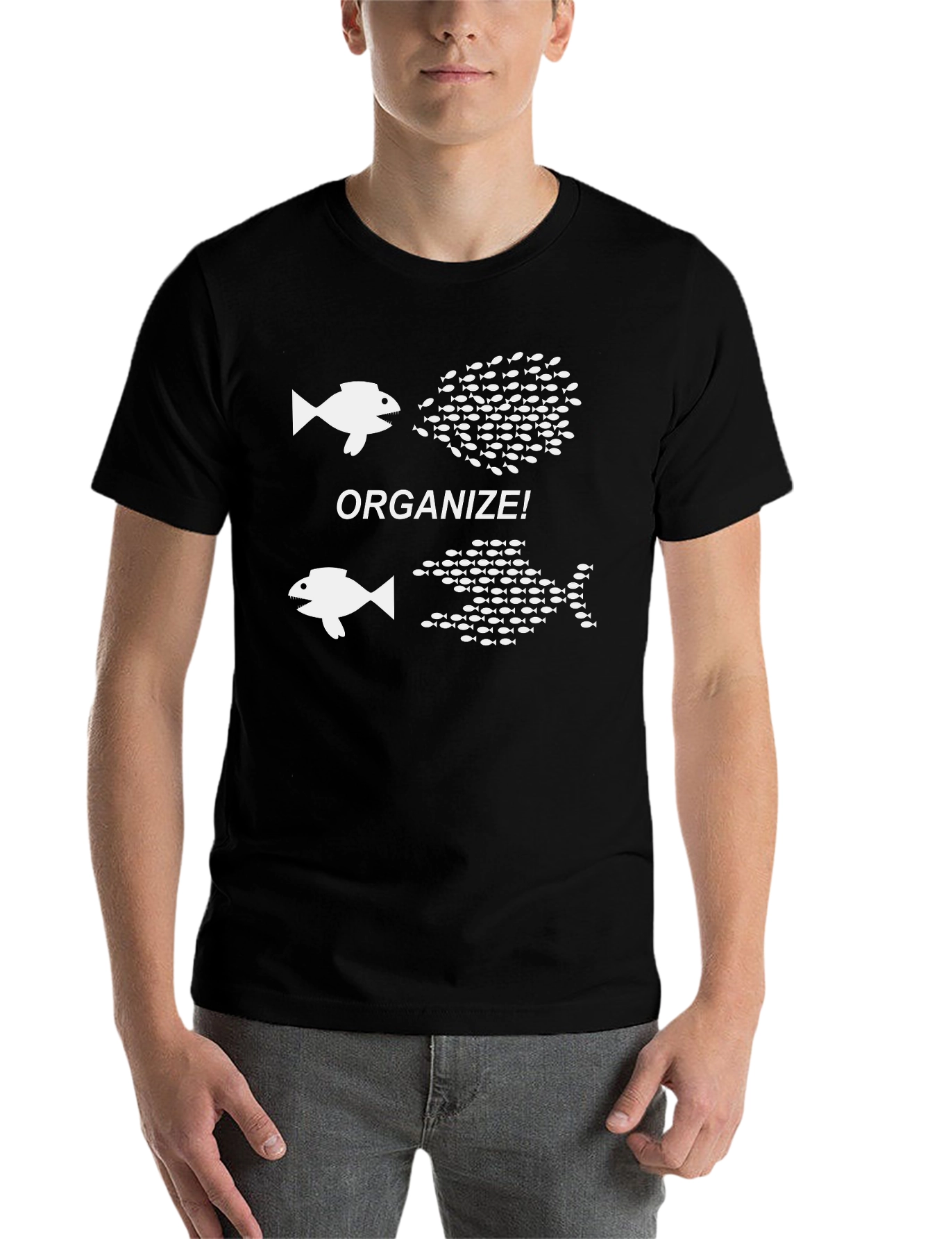 Black Organize! Fish Graphic Print Crew Neck T-Shirt view 7