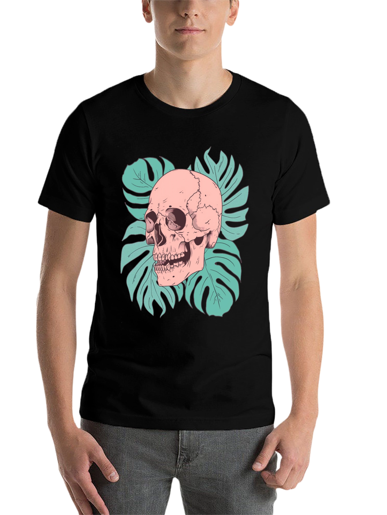 Black Skull & Monstera Leaf Graphic Tee - Black view 7