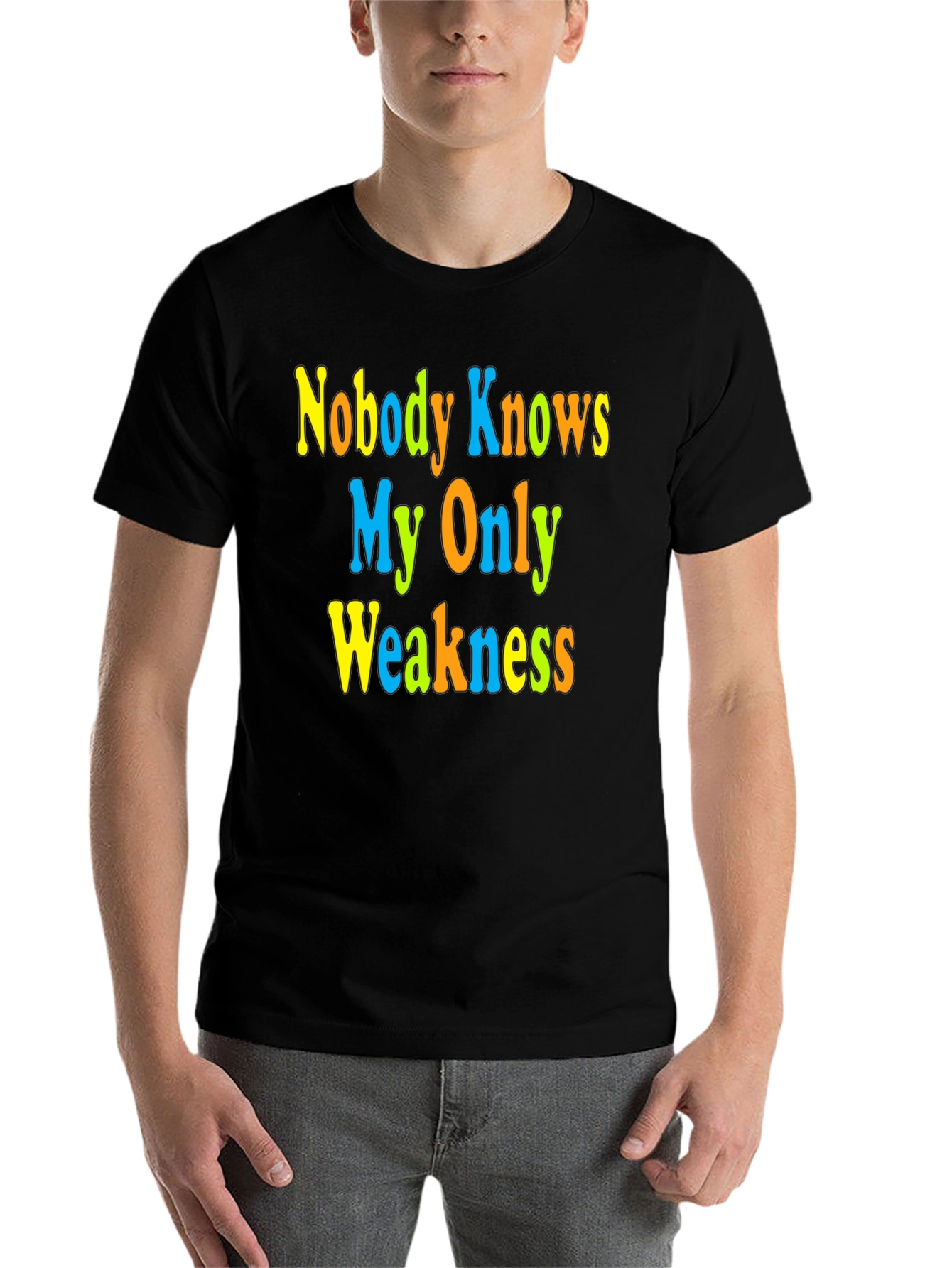 Black Funny Novelty Graphic Tee - Nobody Knows My Only Weakness view 7