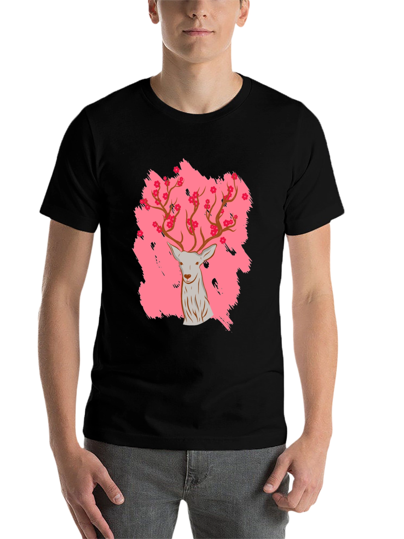 Black Deer with Floral Antlers Graphic Black T-Shirt view 7