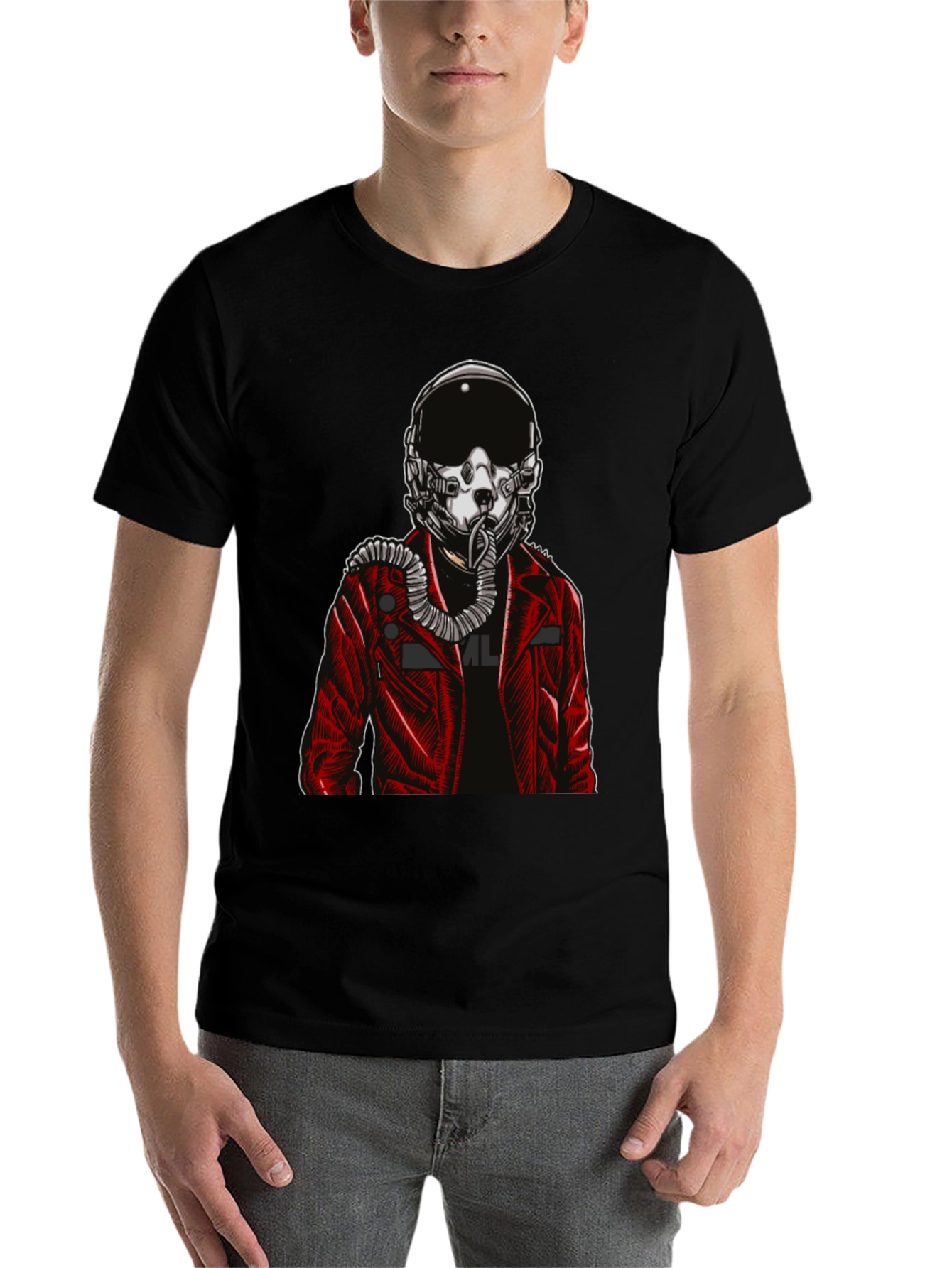 Black Pilot Helmet Graphic Tee - Bold Black Cotton Shirt view 7