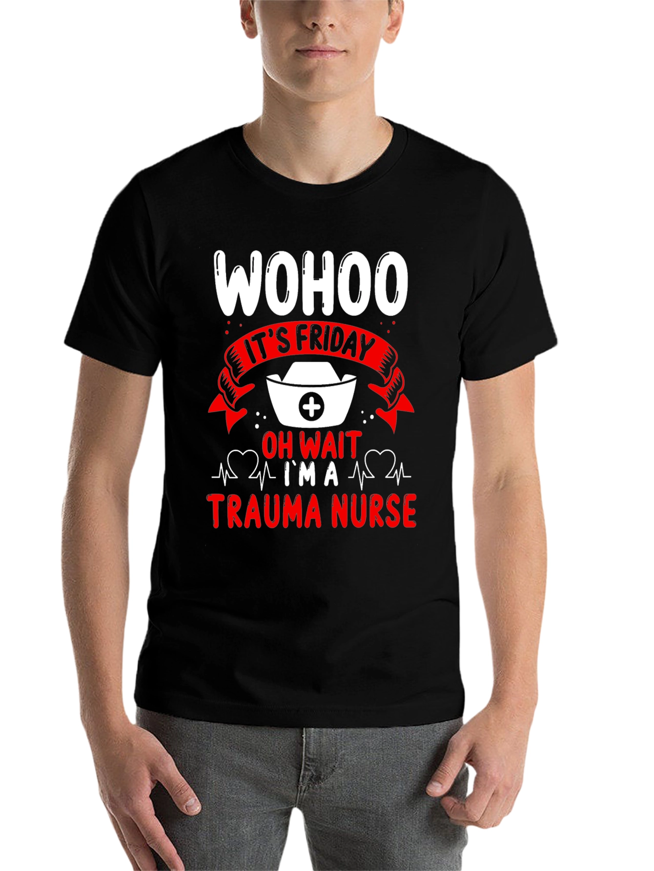 Black Trauma Nurse Friday T-Shirt view 7