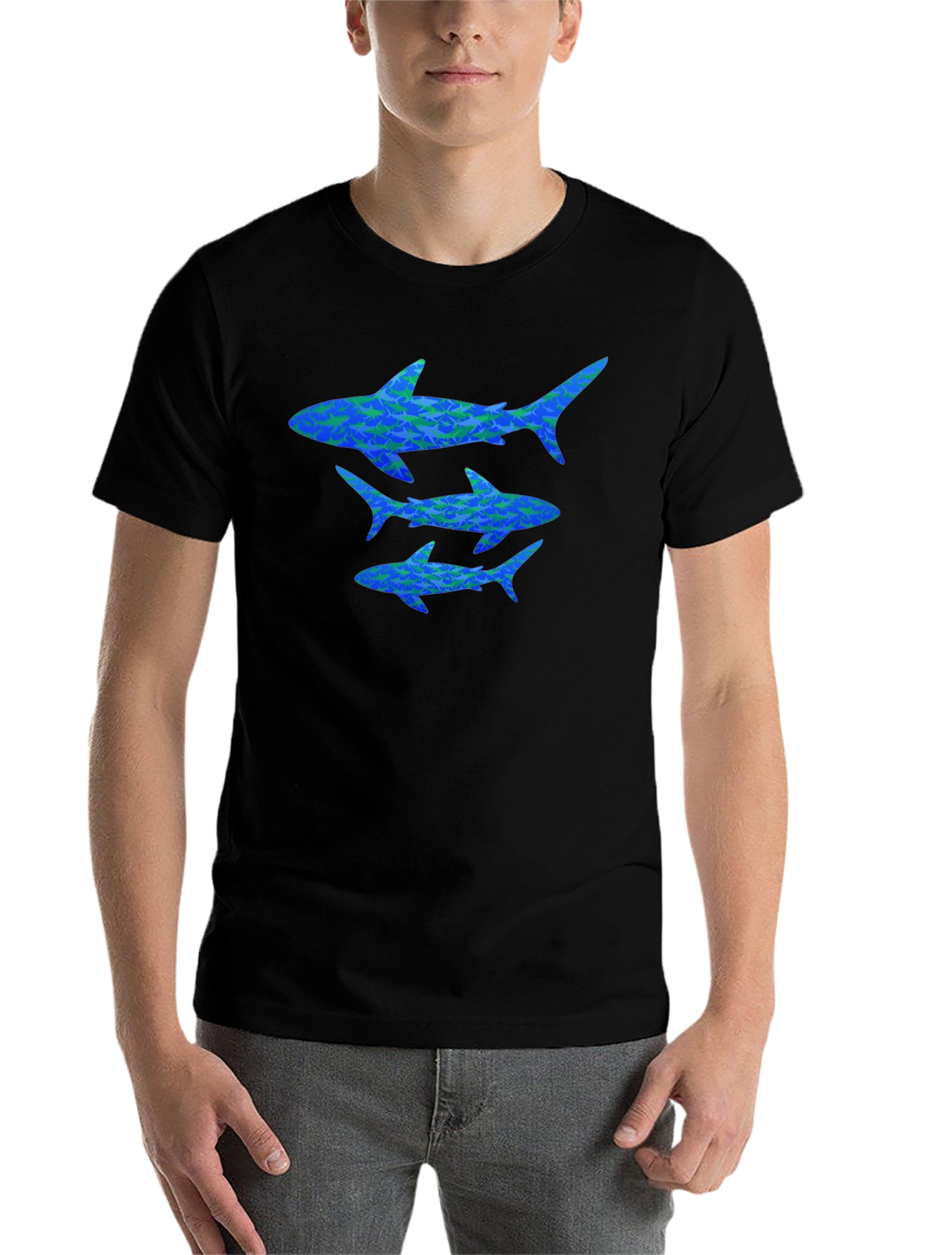 Black Shark Pattern Graphic Tee - Men's Black Casual T-Shirt view 7