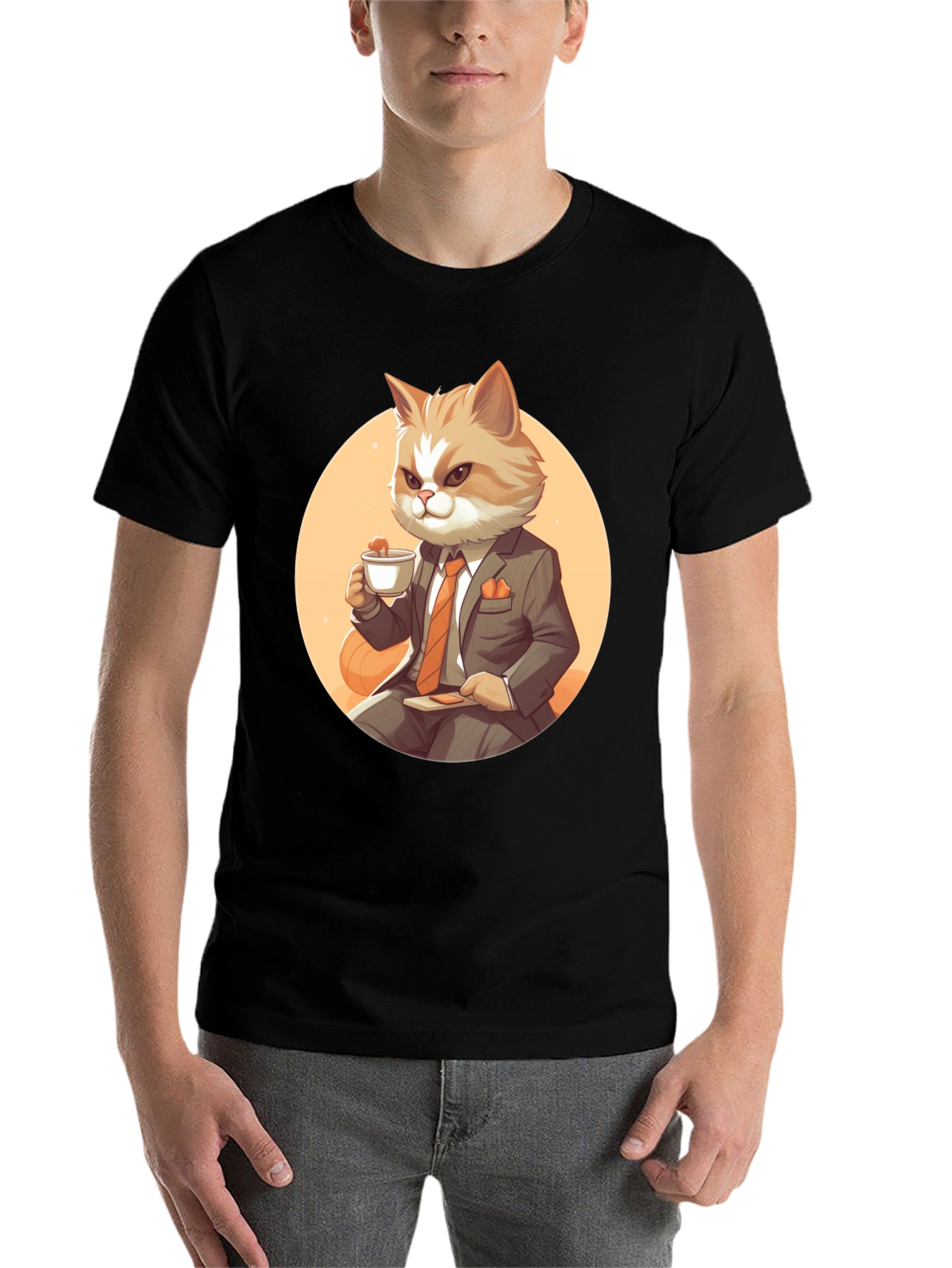 Black Cat Boss T-Shirt: Cartoon Cat in Suit Sipping Tea view 7